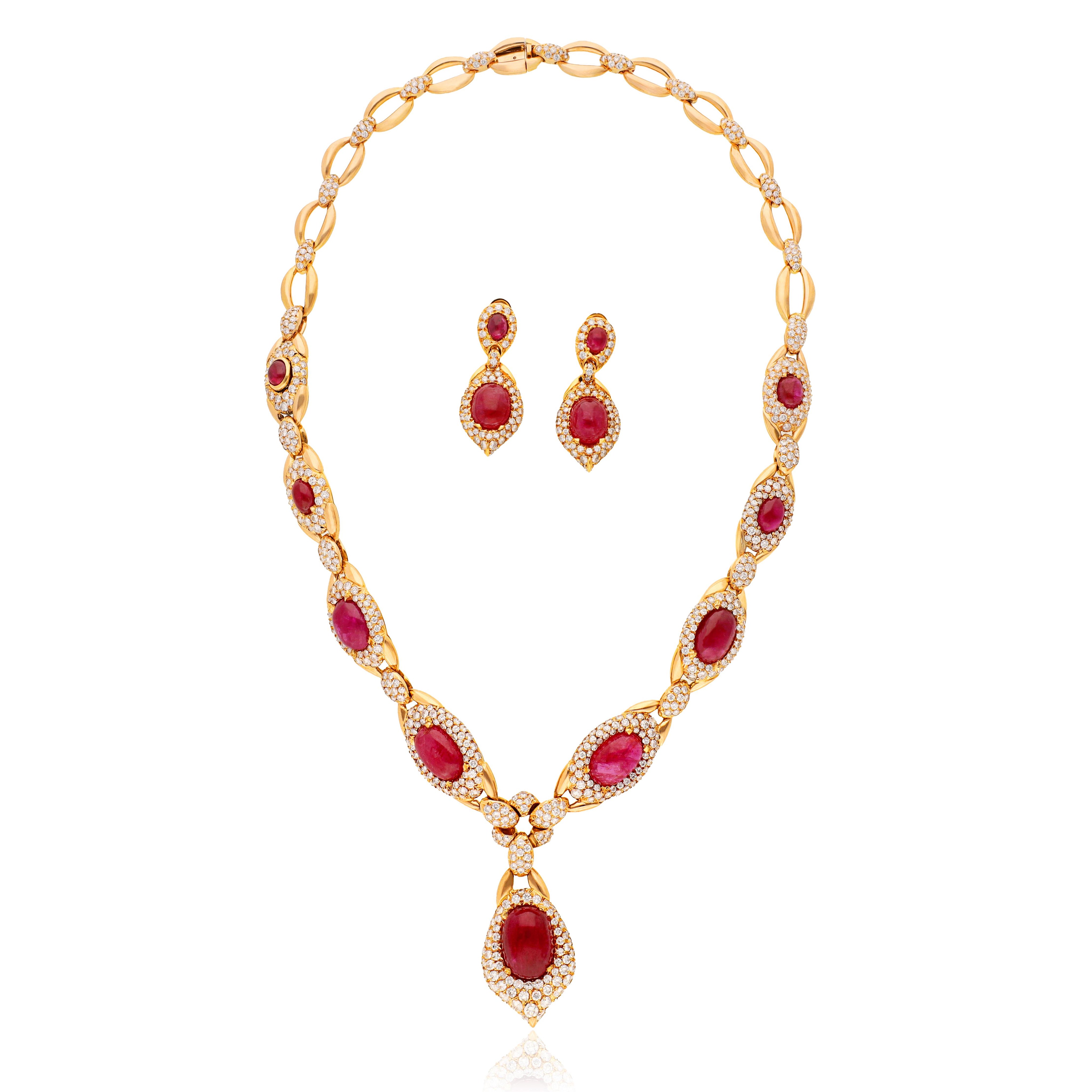 18K Rose Gold Cabochon Ruby and Diamond Necklace and Ear Clips