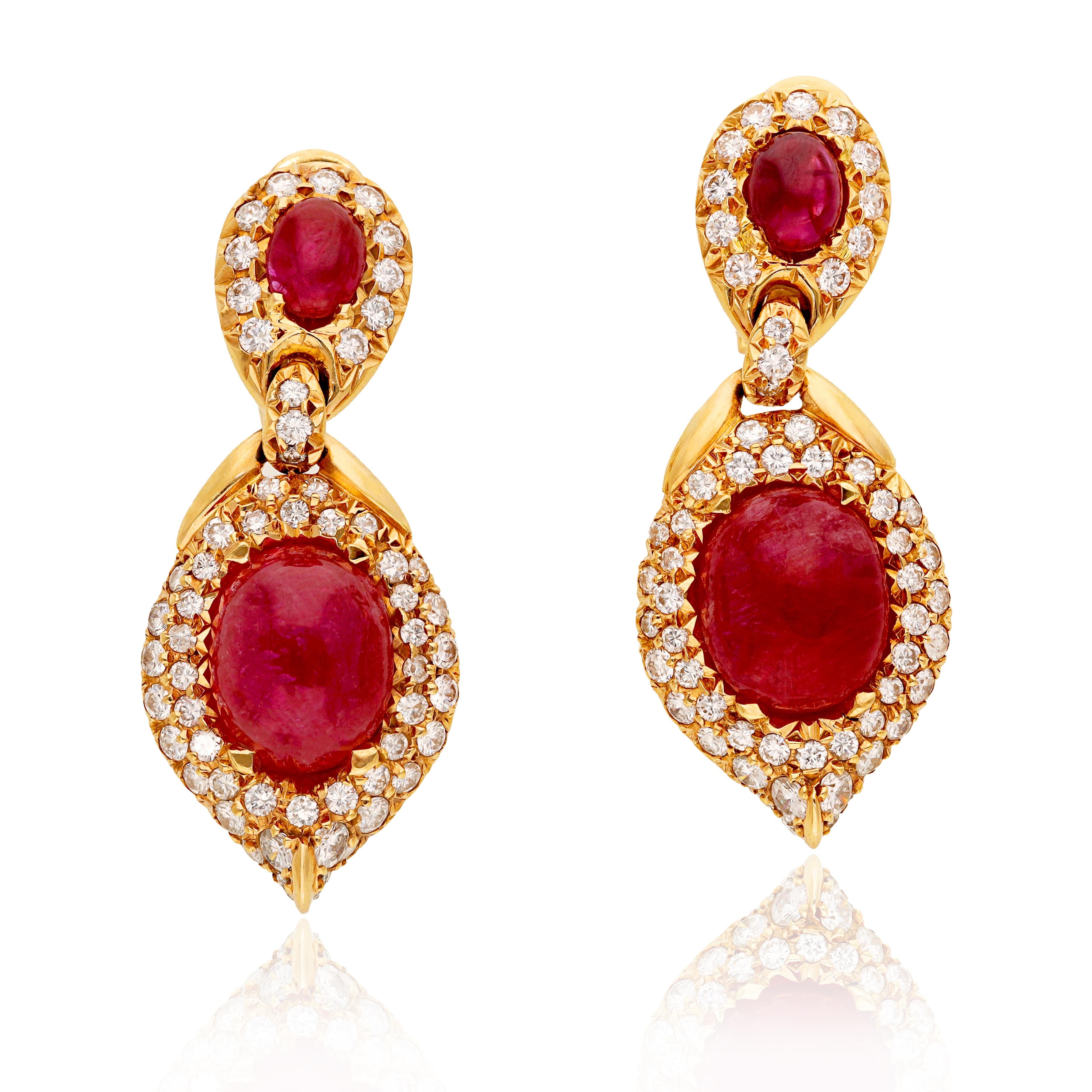 18K Rose Gold Cabochon Ruby and Diamond Necklace and Ear Clips