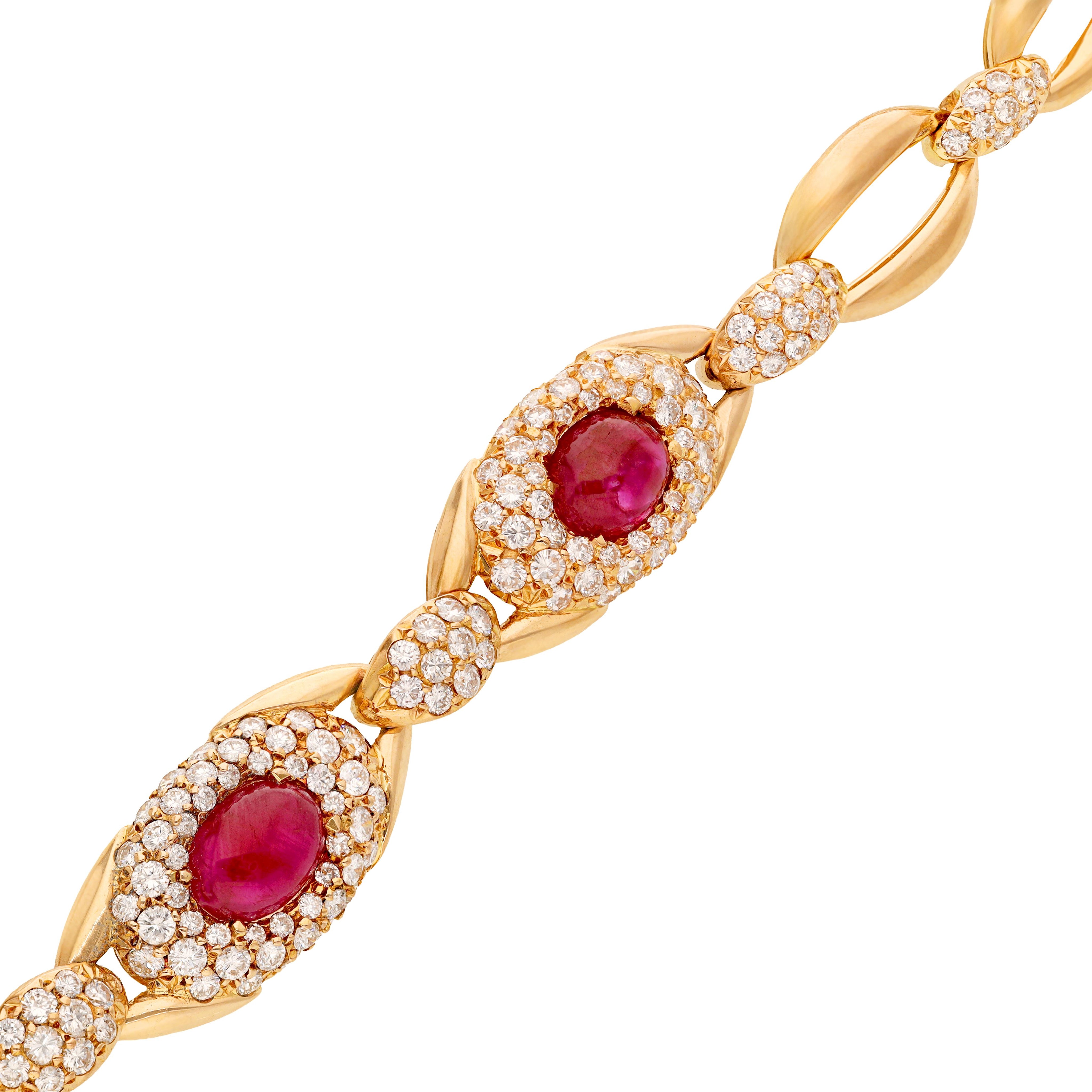 18K Rose Gold Cabochon Ruby and Diamond Necklace and Ear Clips