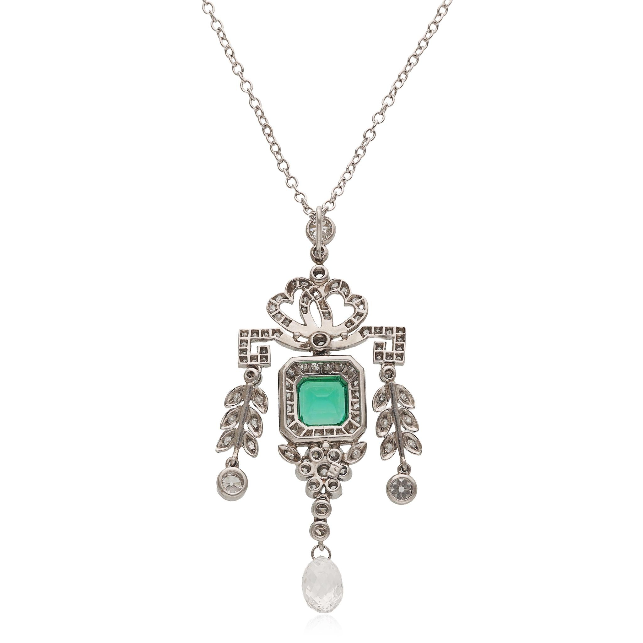 Pendant Necklace with Step-Cut Emerald, Brilliant-Cut and Briolette Diamonds