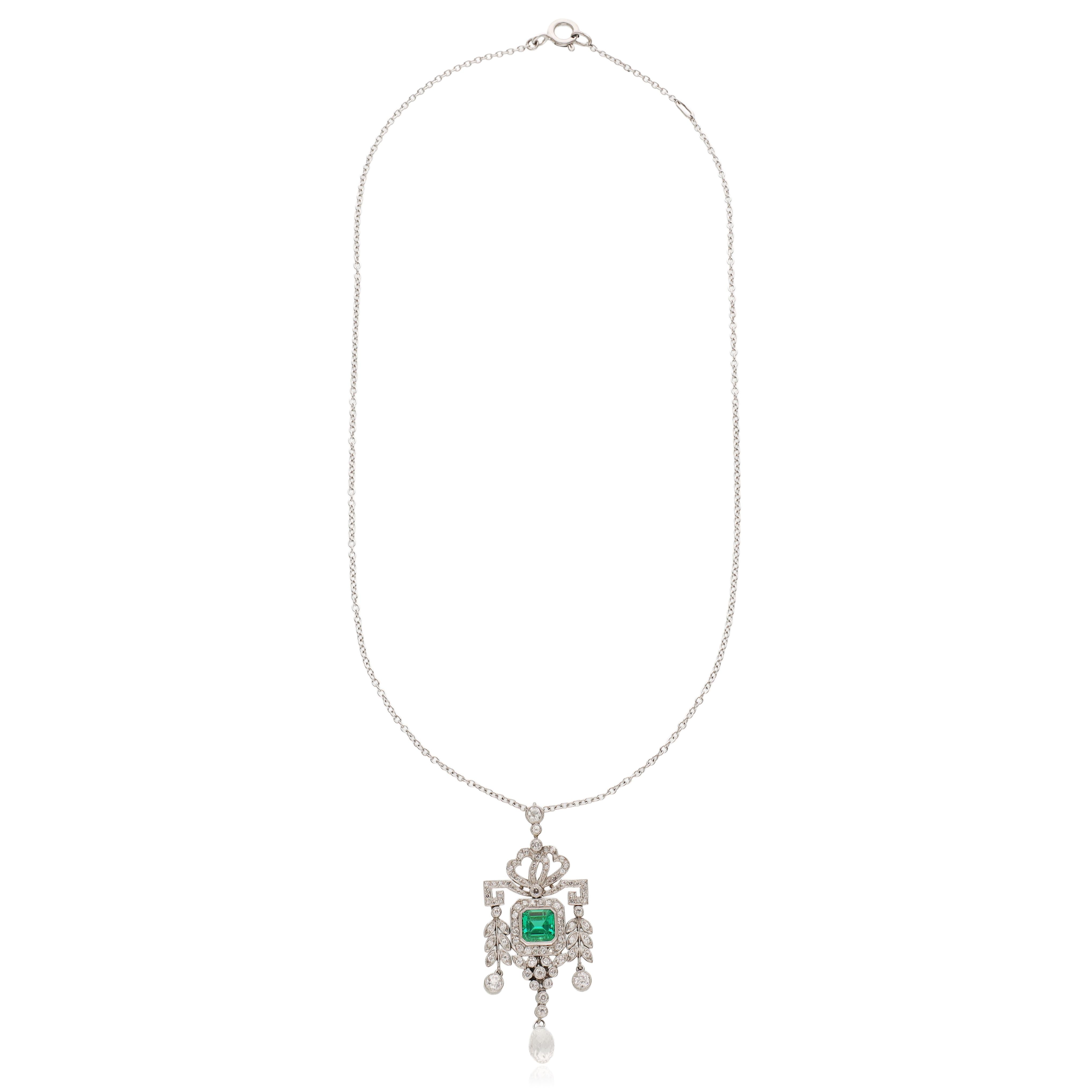 Pendant Necklace with Step-Cut Emerald, Brilliant-Cut and Briolette Diamonds
