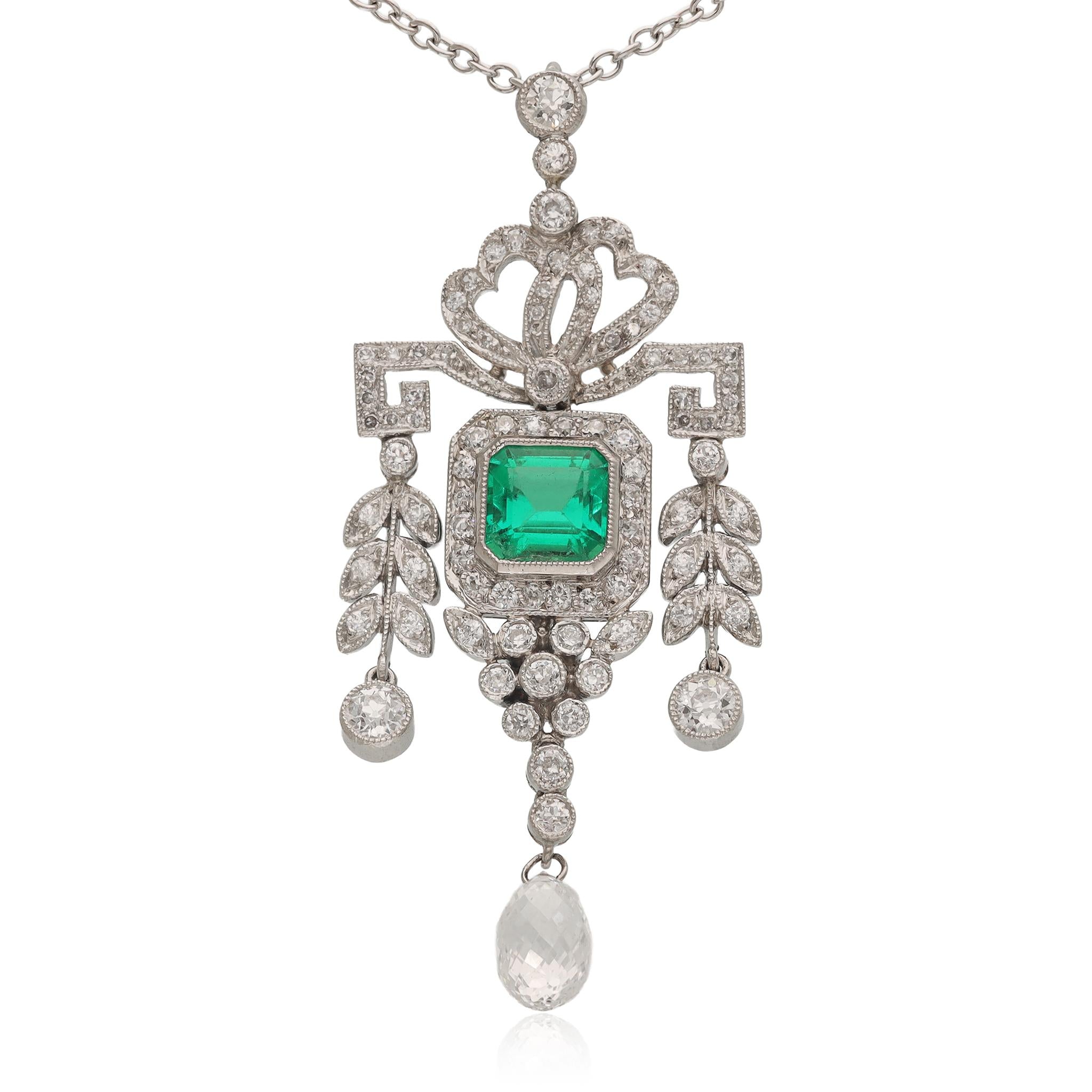 Pendant Necklace with Step-Cut Emerald, Brilliant-Cut and Briolette Diamonds