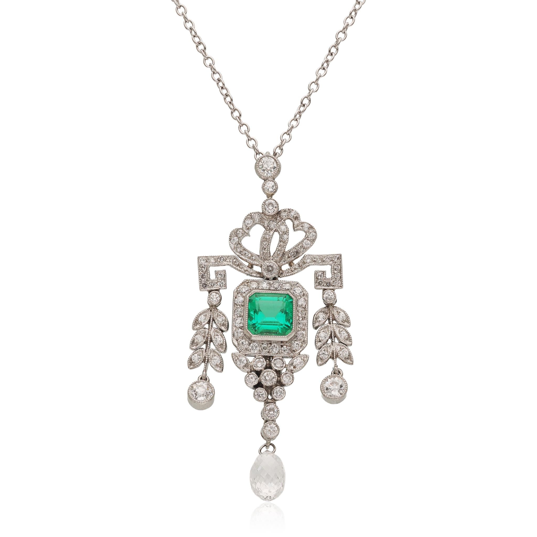 Pendant Necklace with Step-Cut Emerald, Brilliant-Cut and Briolette Diamonds