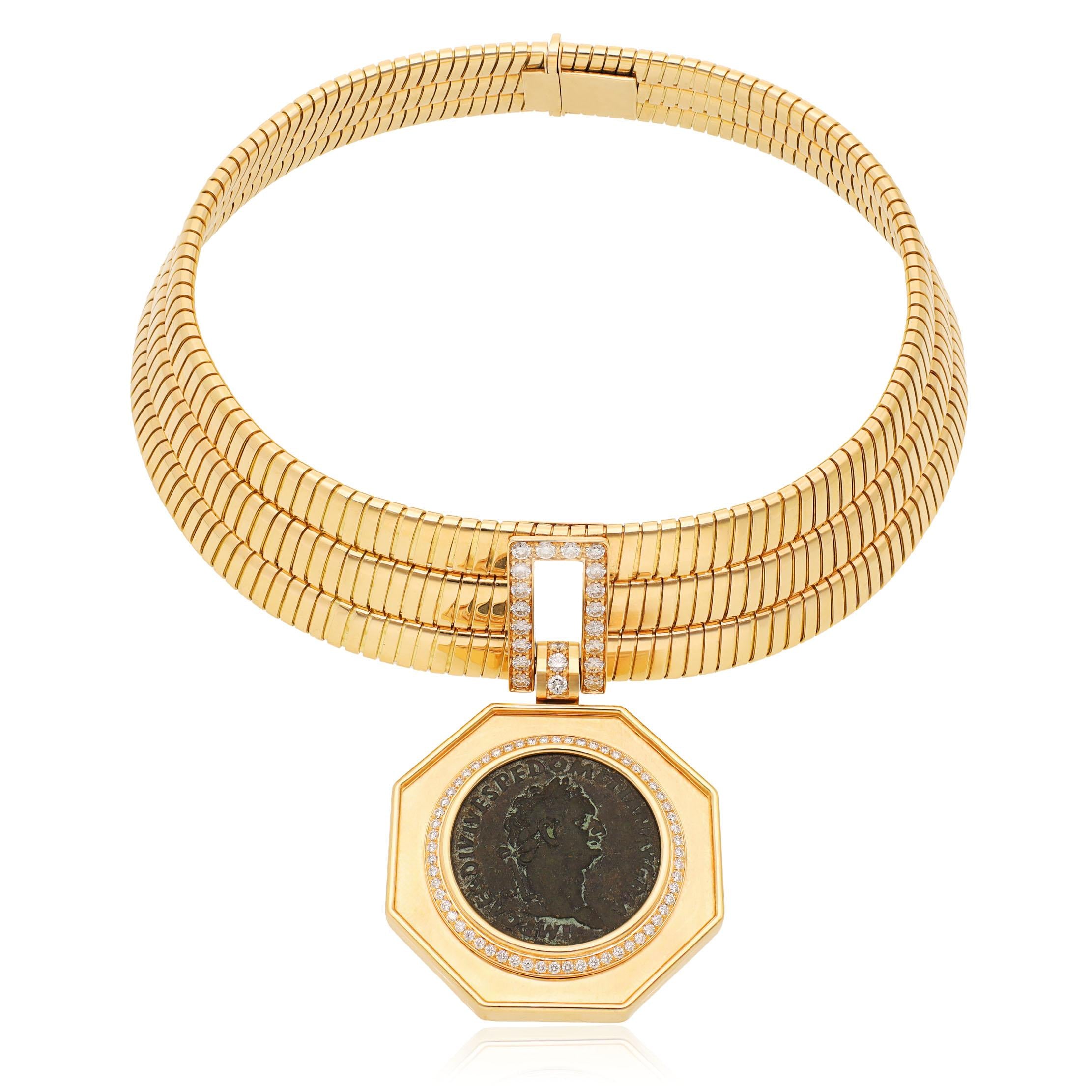 BULGARI Tubogas Necklace with Ancient Domiziano Coin Pendant 81–96 AD