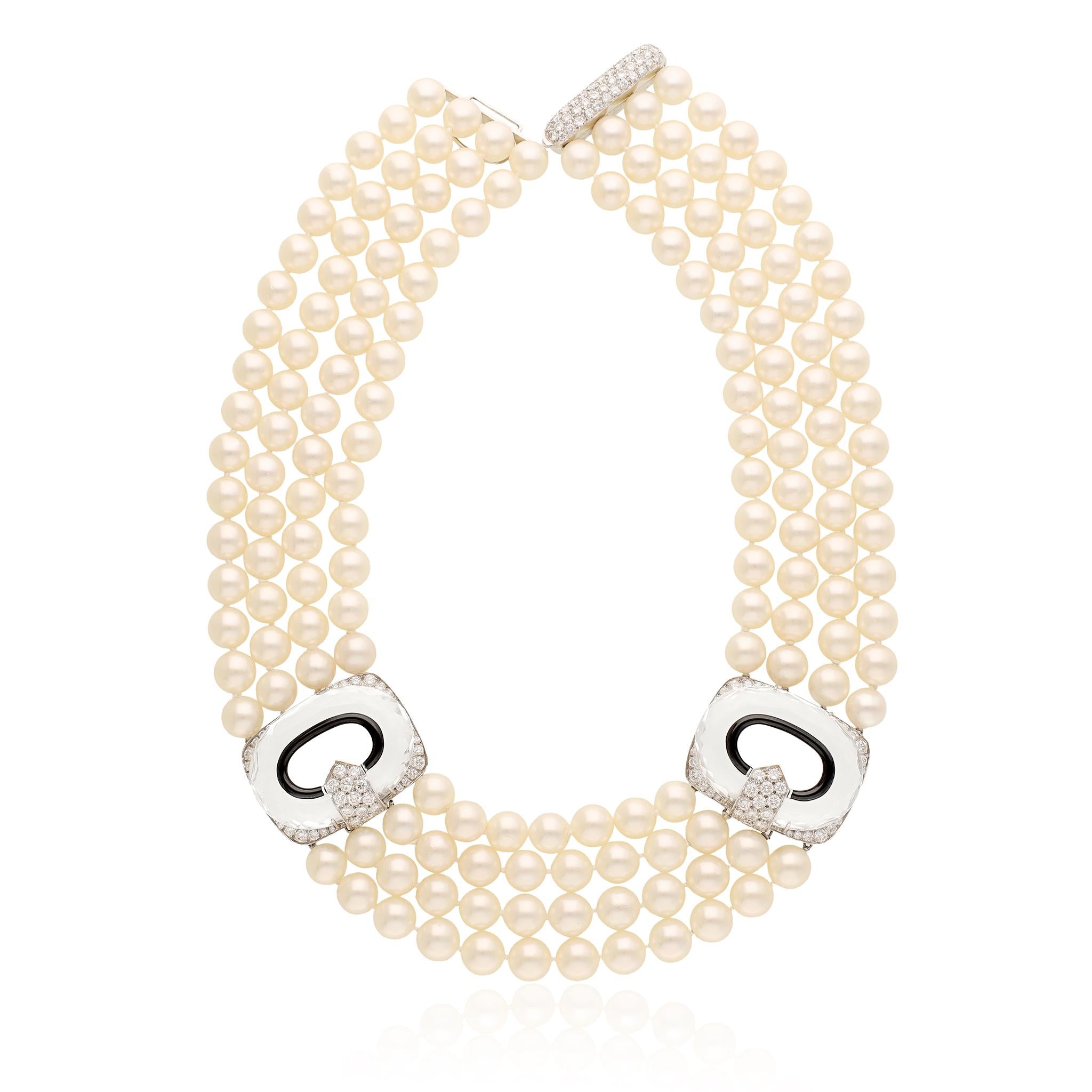 DAVID WEBB 4-Row Pearl, Rock Crystal, Black Enamel, and Diamond Necklace
