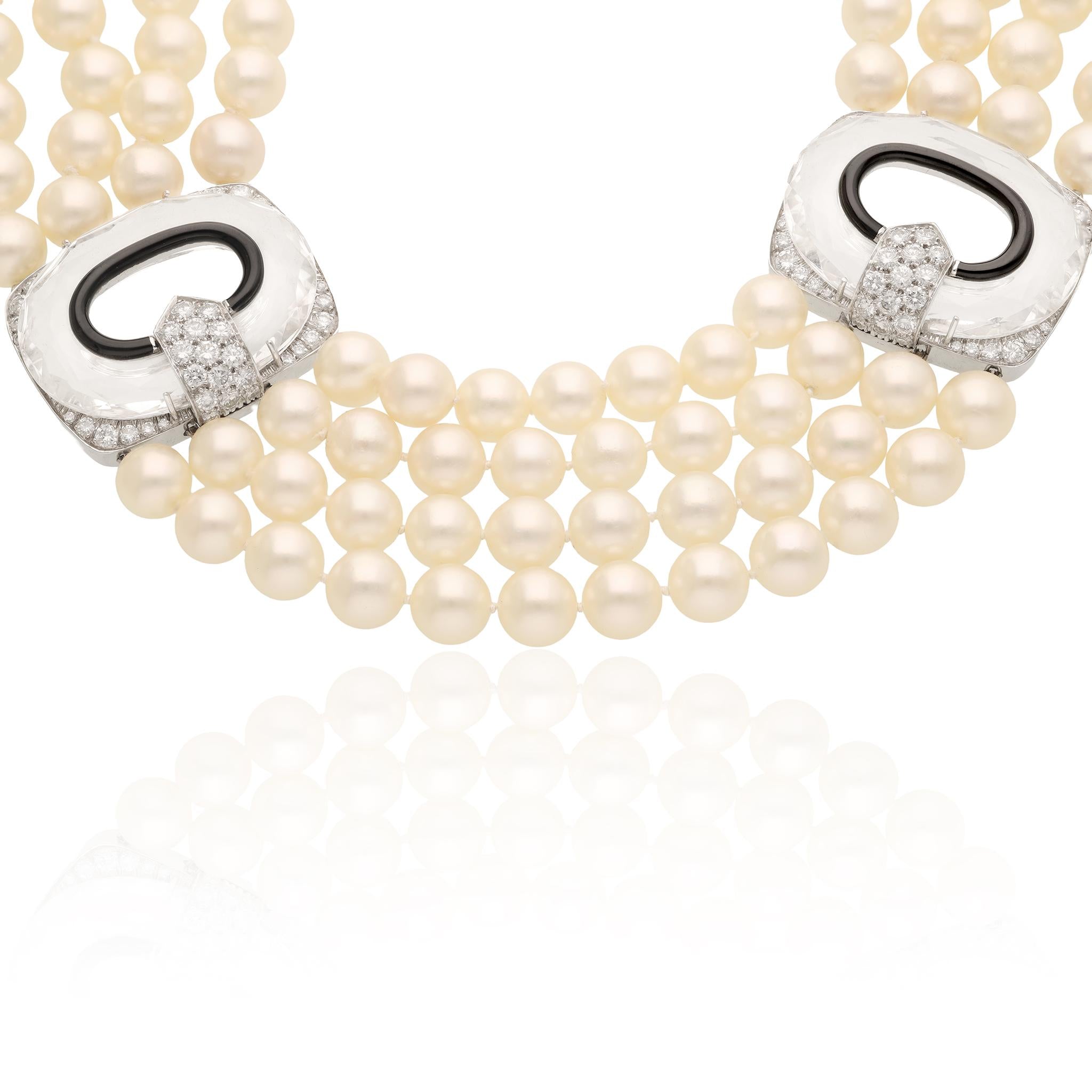 DAVID WEBB 4-Row Pearl, Rock Crystal, Black Enamel, and Diamond Necklace