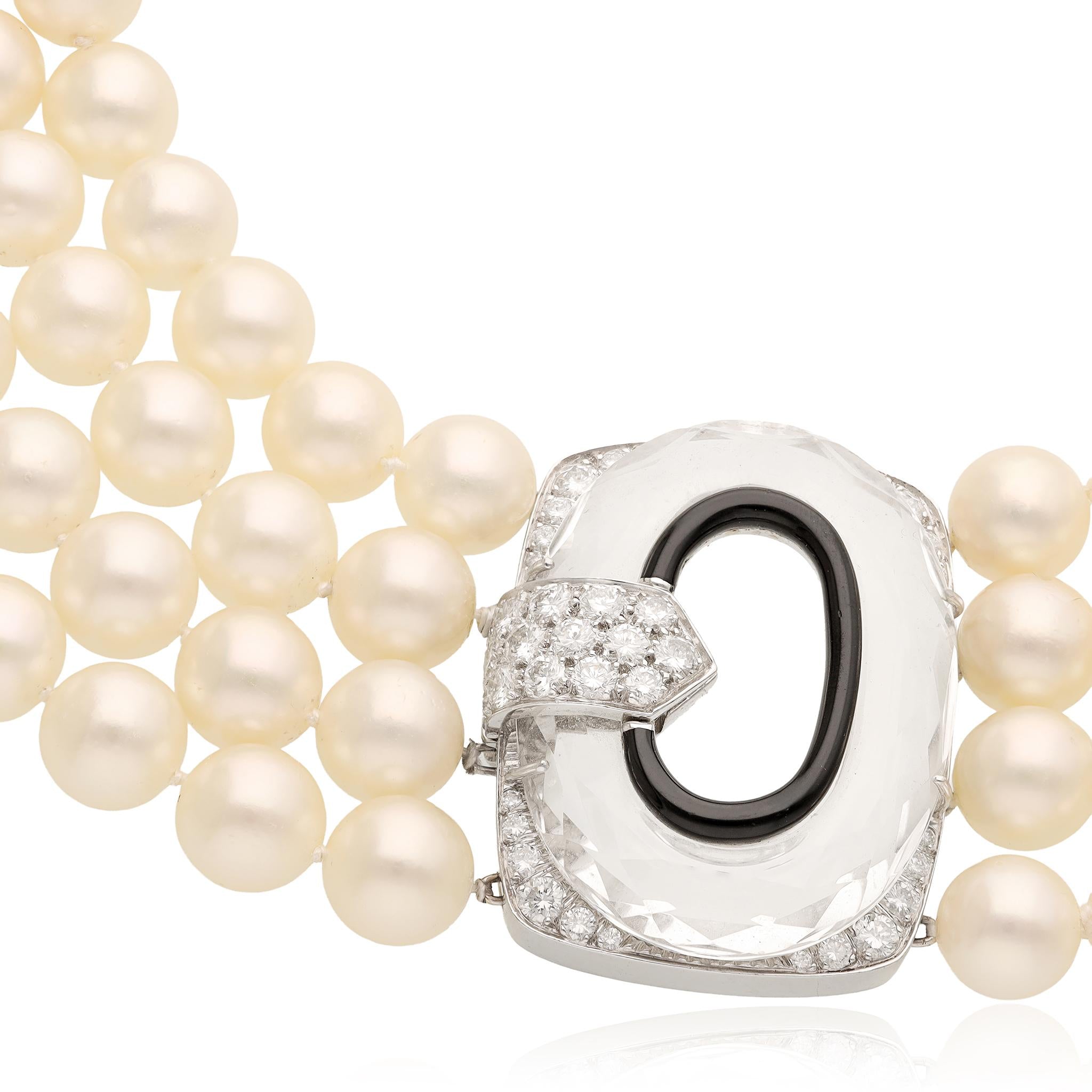 DAVID WEBB 4-Row Pearl, Rock Crystal, Black Enamel, and Diamond Necklace