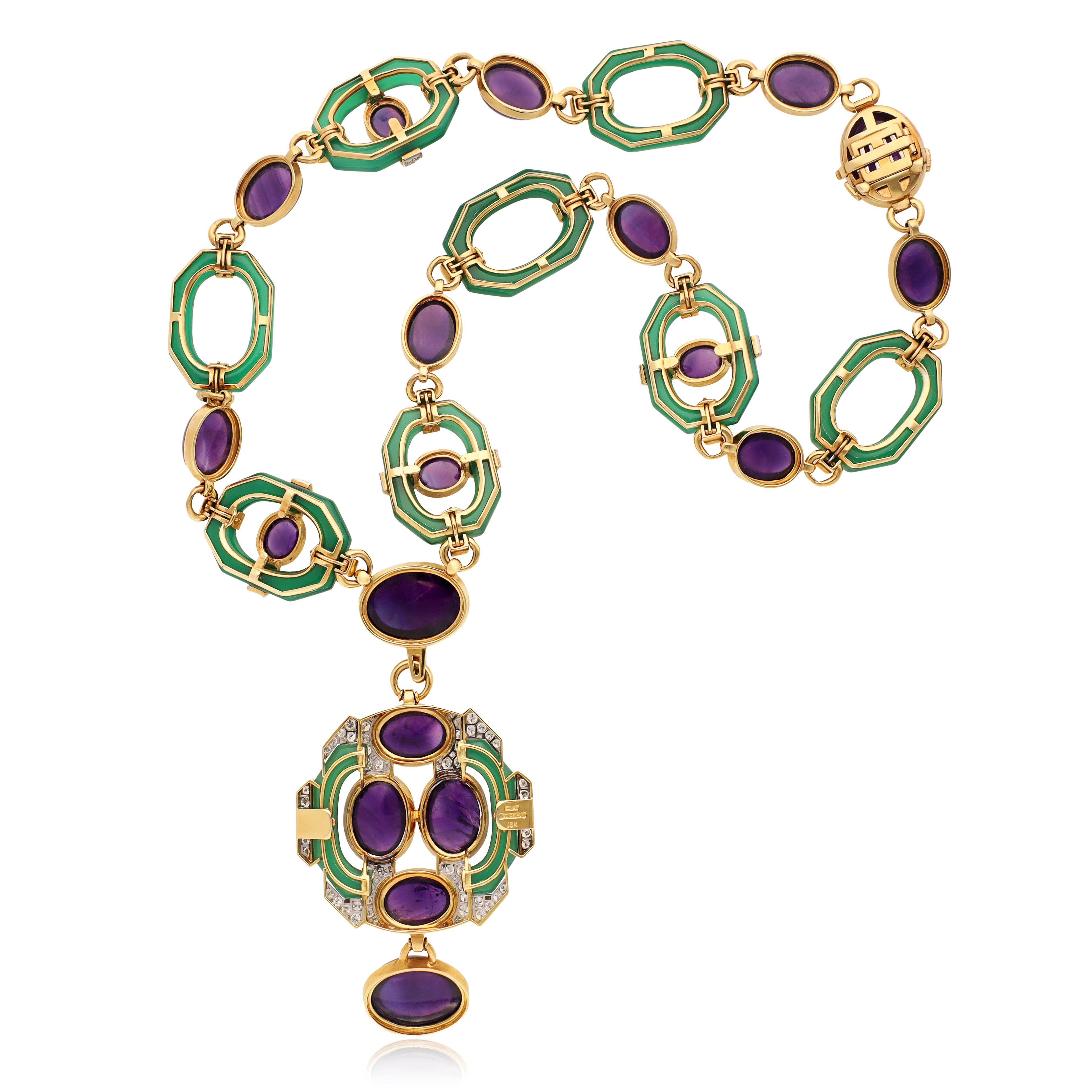DAVID WEBB Cabochon Amethyst, Chrysoprase and Diamond Necklace and Ear Clips