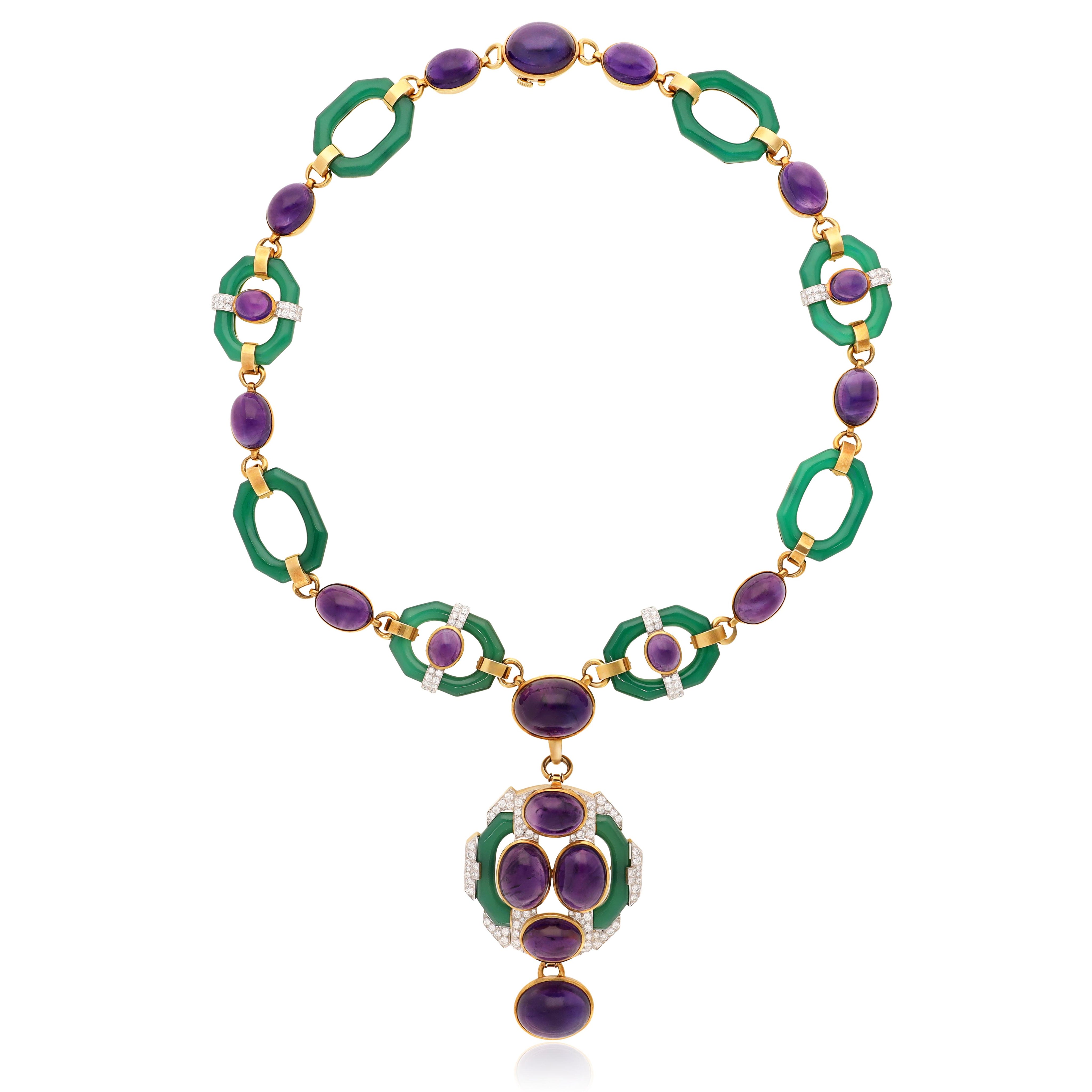 DAVID WEBB Cabochon Amethyst, Chrysoprase and Diamond Necklace and Ear Clips
