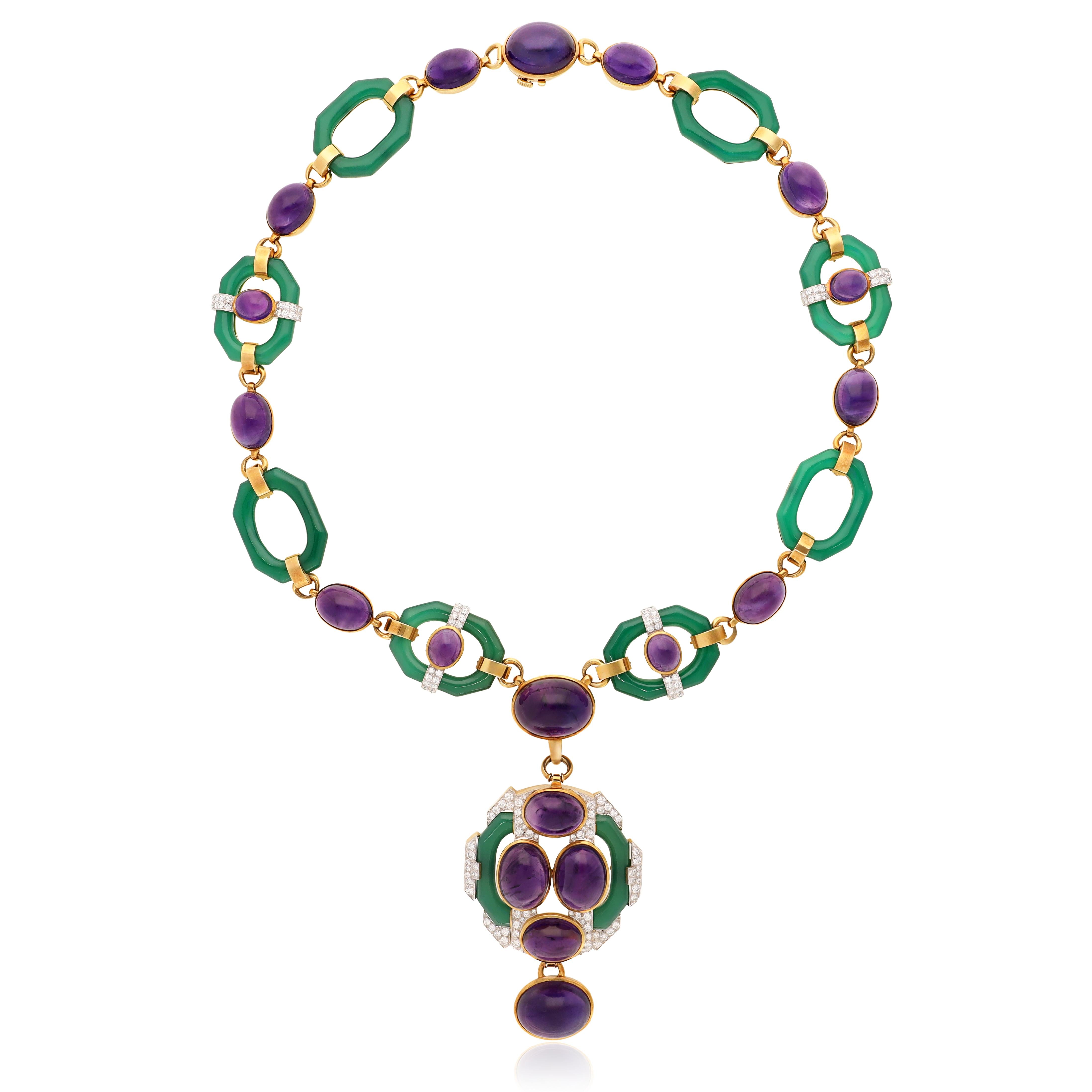 DAVID WEBB Cabochon Amethyst, Chrysoprase and Diamond Necklace and Ear Clips