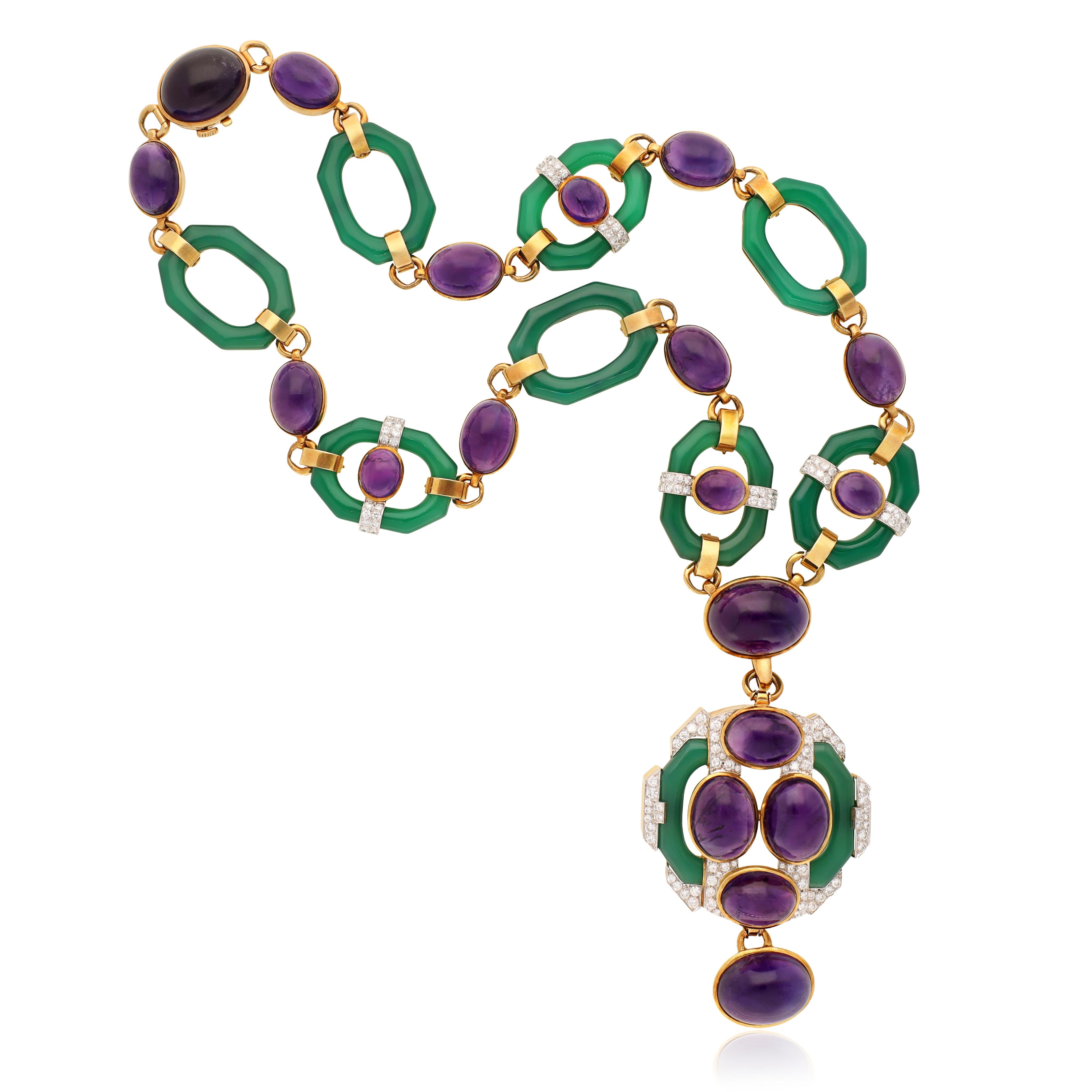 DAVID WEBB Cabochon Amethyst, Chrysoprase and Diamond Necklace and Ear Clips