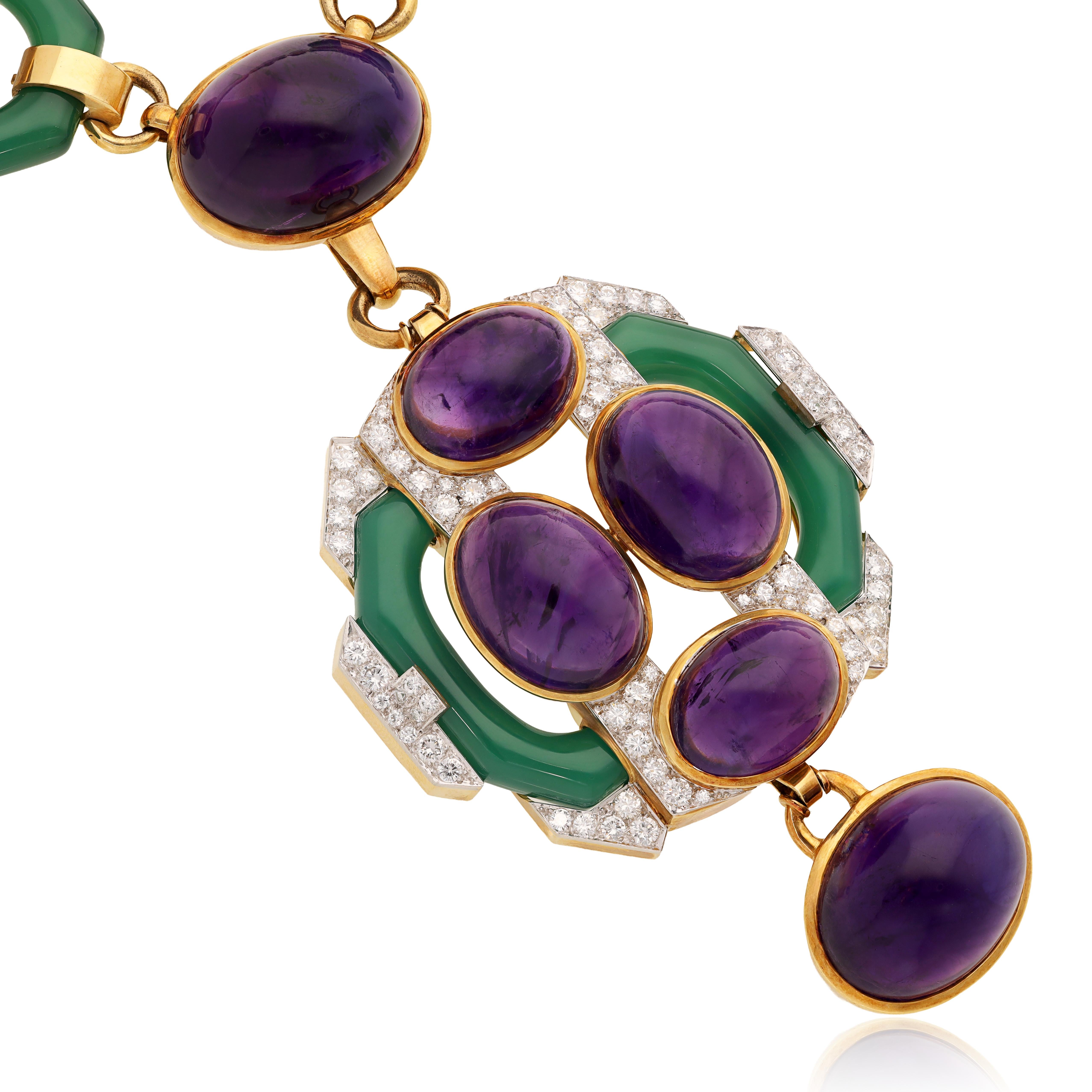 DAVID WEBB Cabochon Amethyst, Chrysoprase and Diamond Necklace and Ear Clips