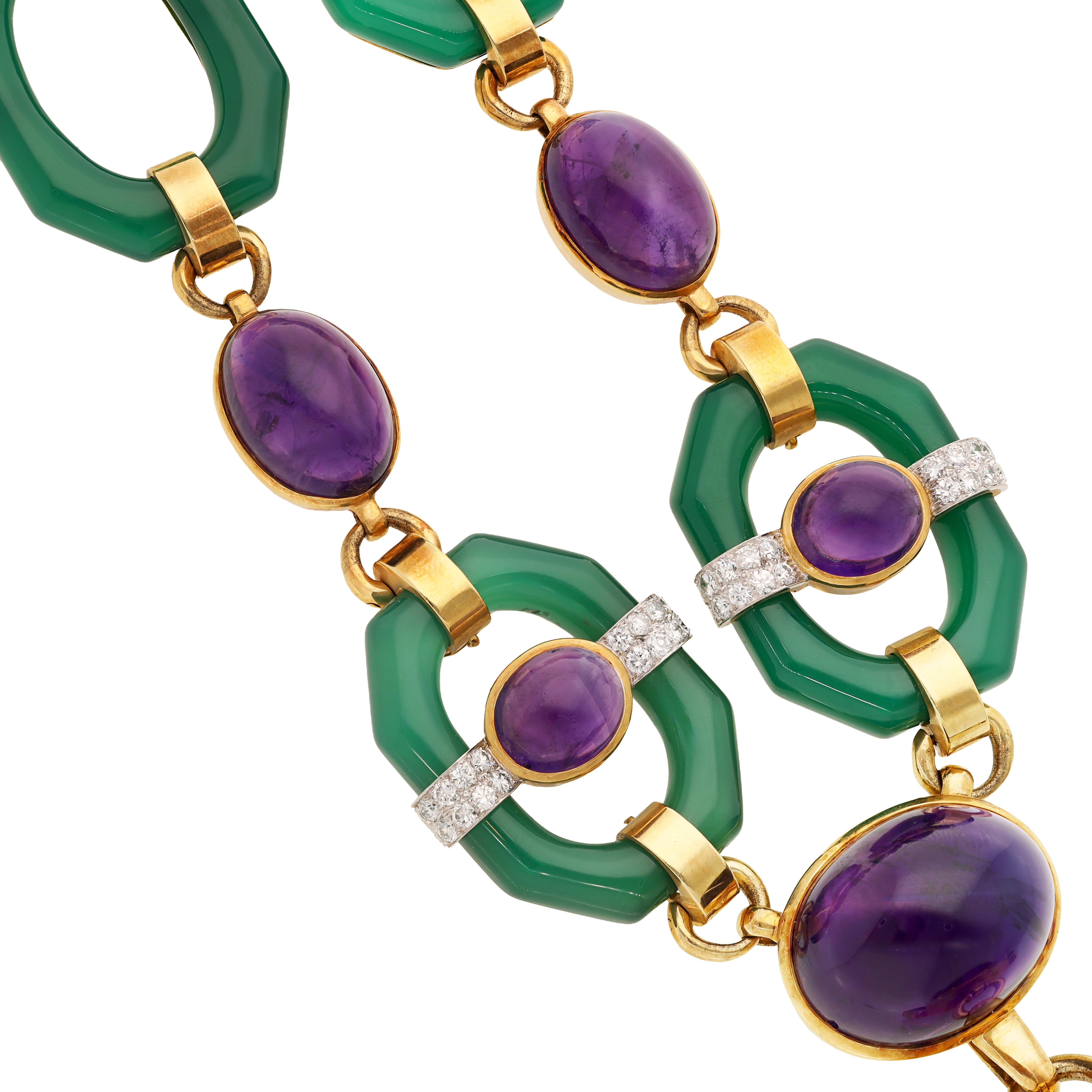 DAVID WEBB Cabochon Amethyst, Chrysoprase and Diamond Necklace and Ear Clips
