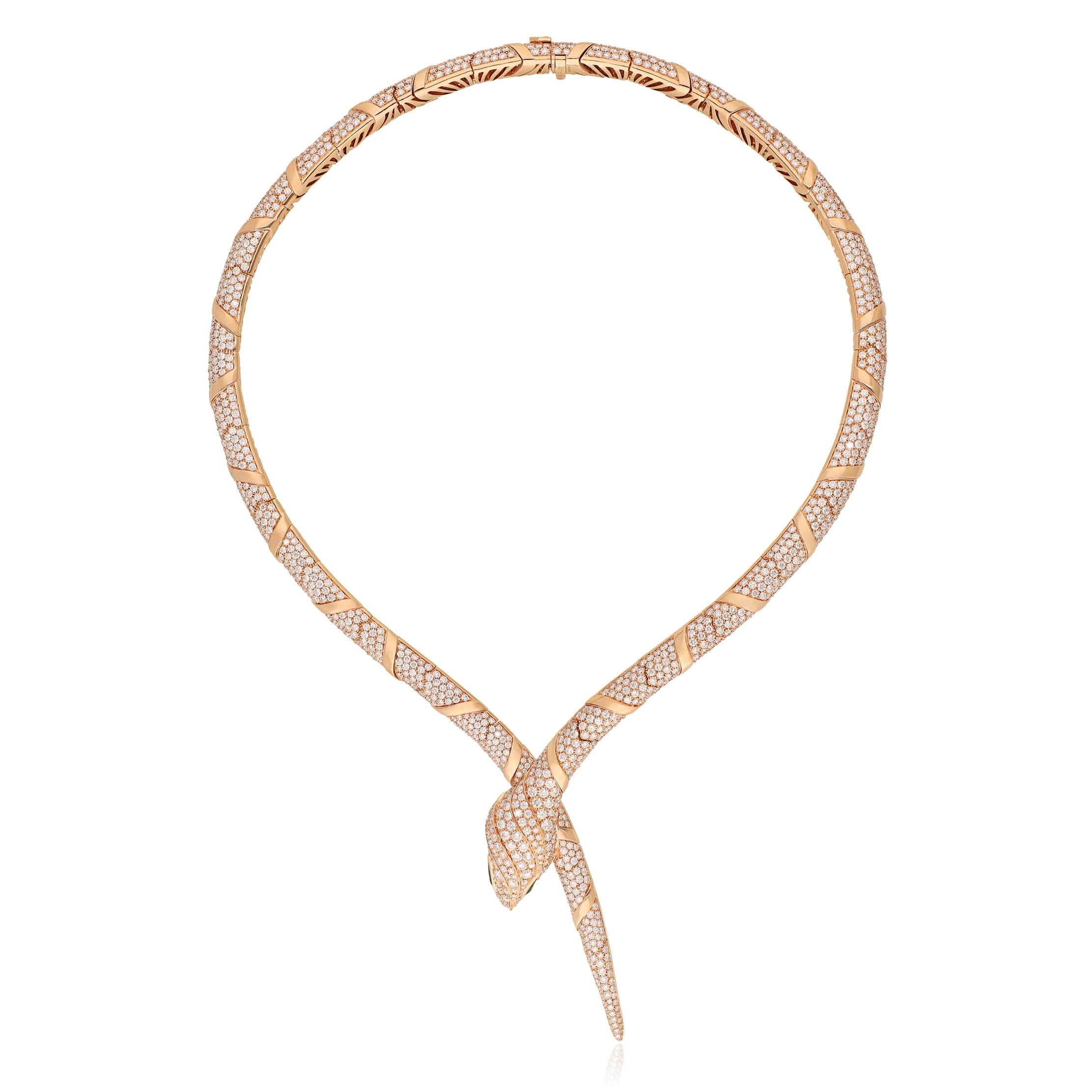 BVLGARI 18K Rose Gold, Diamond and Emerald Serpent Viper Necklace
