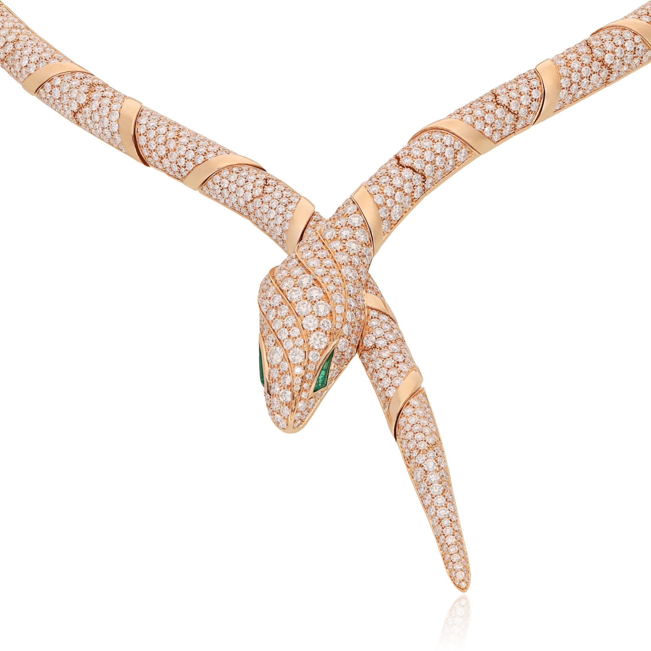BVLGARI 18K Rose Gold, Diamond and Emerald Serpent Viper Necklace