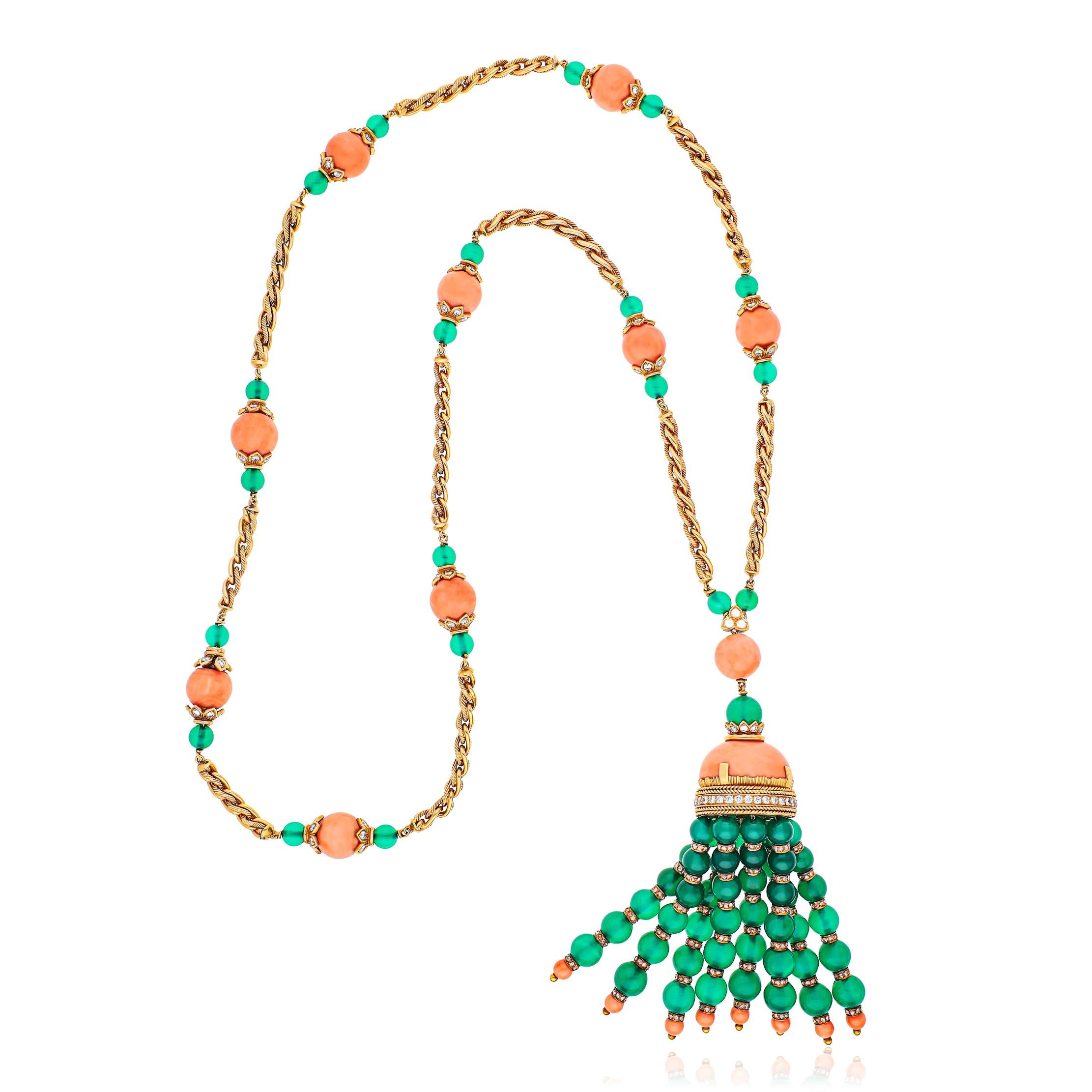 VAN CLEEF & ARPELS GREEN CHALCEDONY, CORAL AND DIAMOND TASSEL NECKLACE