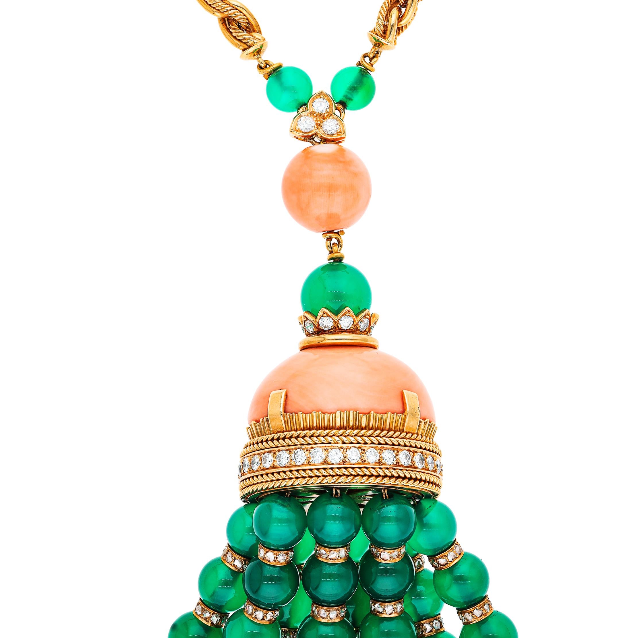 VAN CLEEF & ARPELS GREEN CHALCEDONY, CORAL AND DIAMOND TASSEL NECKLACE
