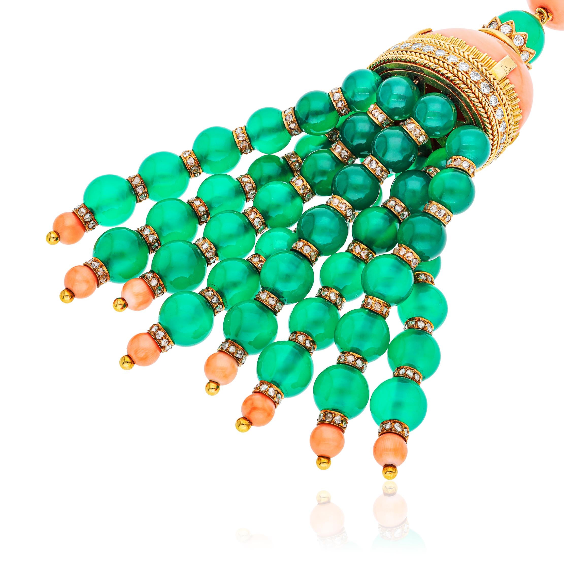 VAN CLEEF & ARPELS GREEN CHALCEDONY, CORAL AND DIAMOND TASSEL NECKLACE