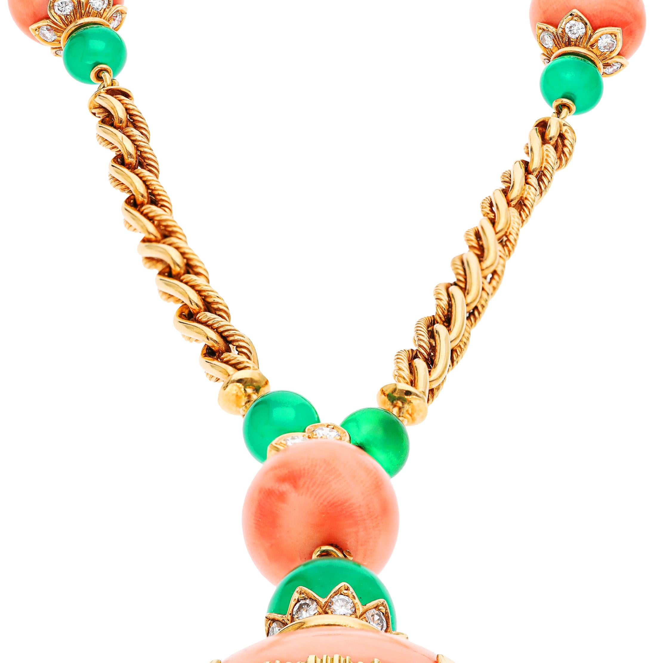 VAN CLEEF & ARPELS GREEN CHALCEDONY, CORAL AND DIAMOND TASSEL NECKLACE