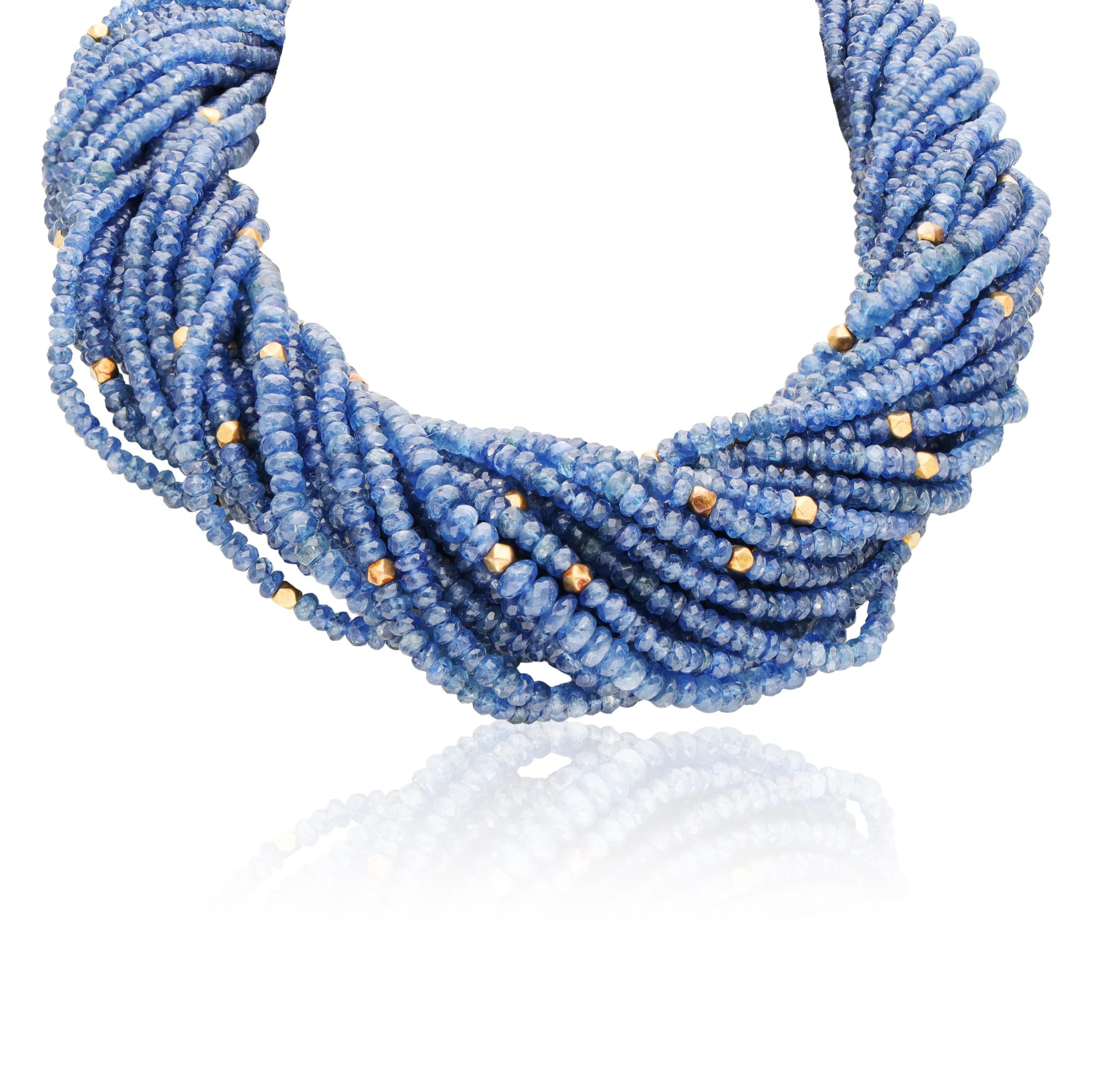 TAMBETTI Multi Strand Blue Sapphire Bead and Gold Bead Torsade Necklace