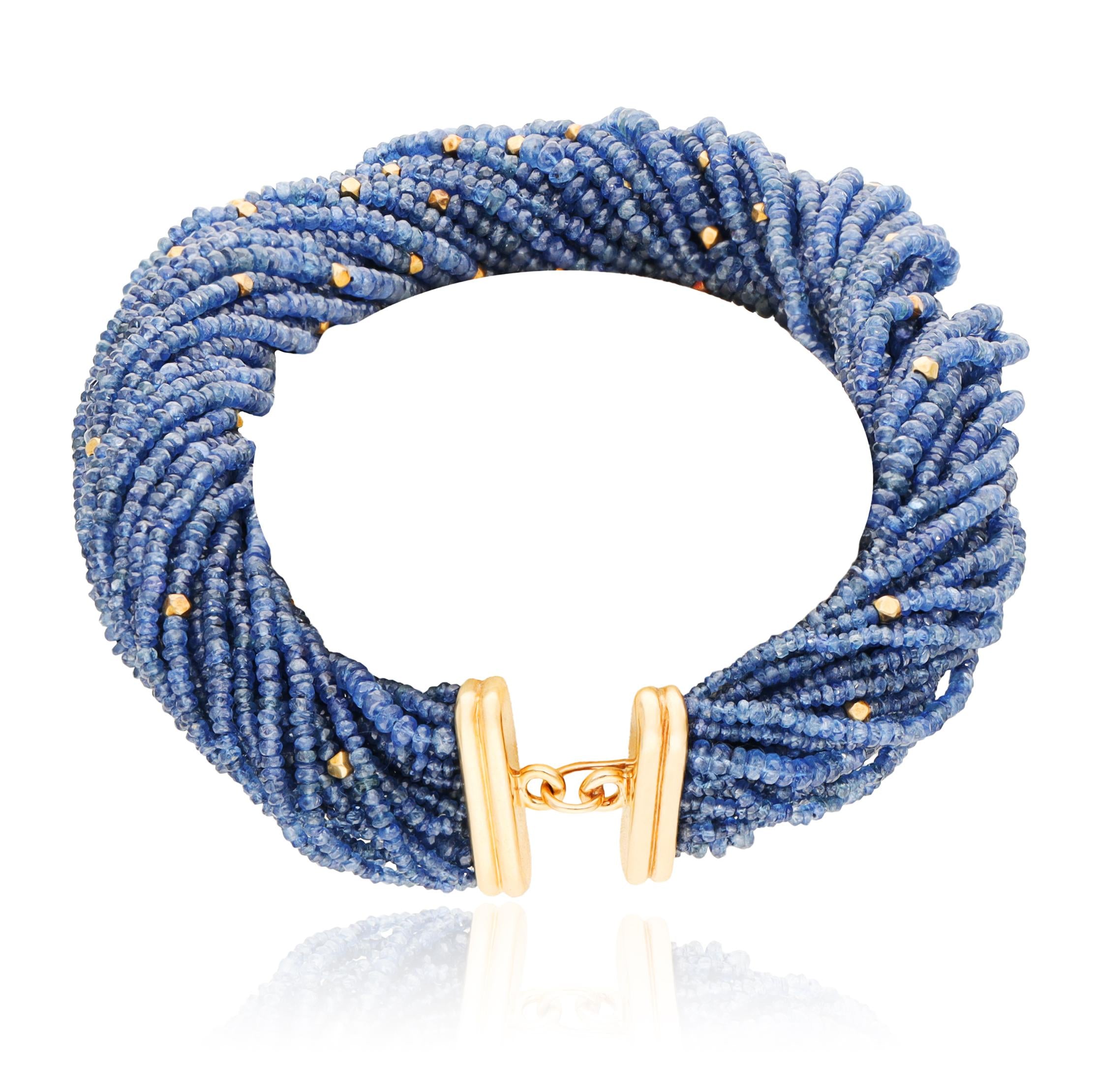 TAMBETTI Multi Strand Blue Sapphire Bead and Gold Bead Torsade Necklace