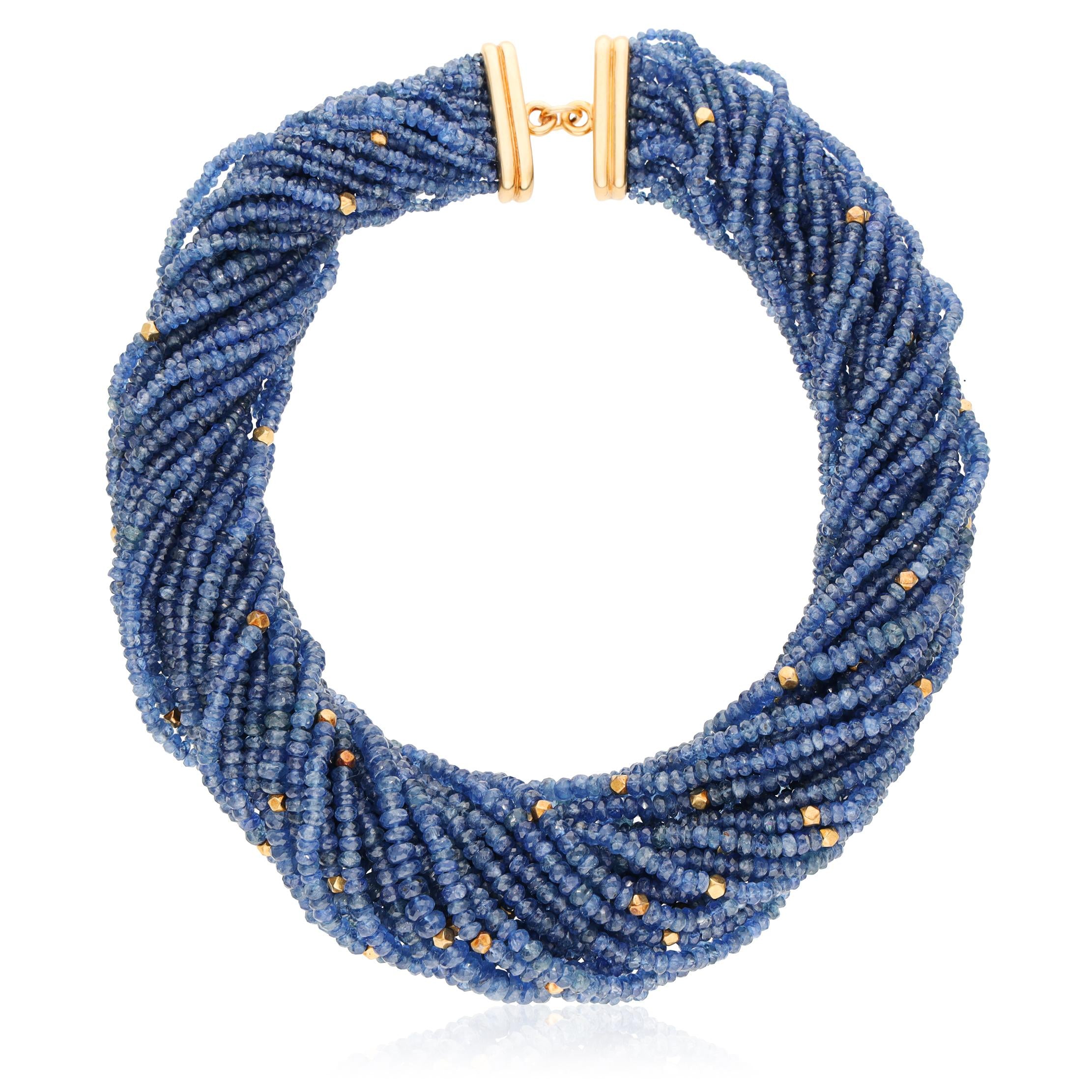 TAMBETTI Multi Strand Blue Sapphire Bead and Gold Bead Torsade Necklace