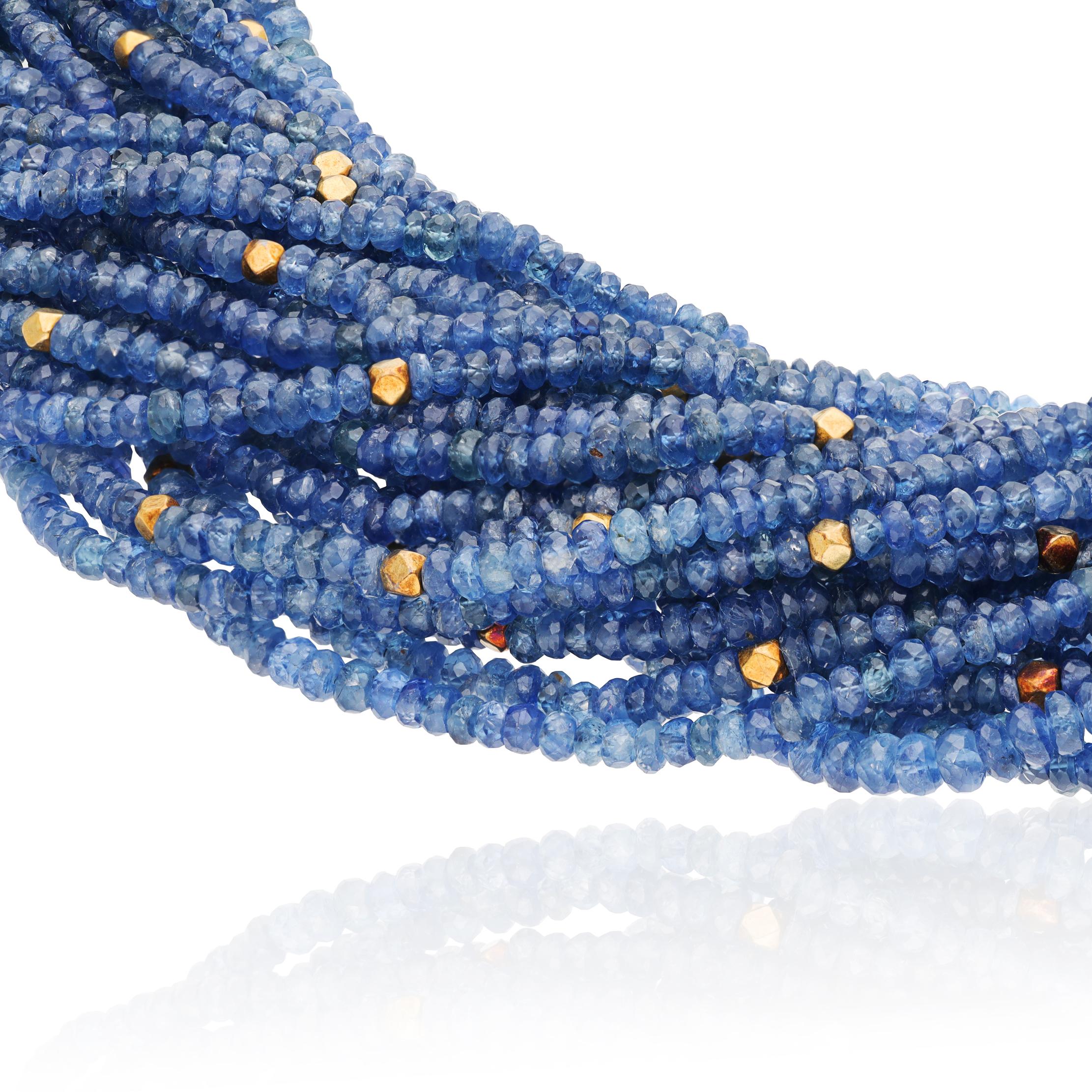 TAMBETTI Multi Strand Blue Sapphire Bead and Gold Bead Torsade Necklace