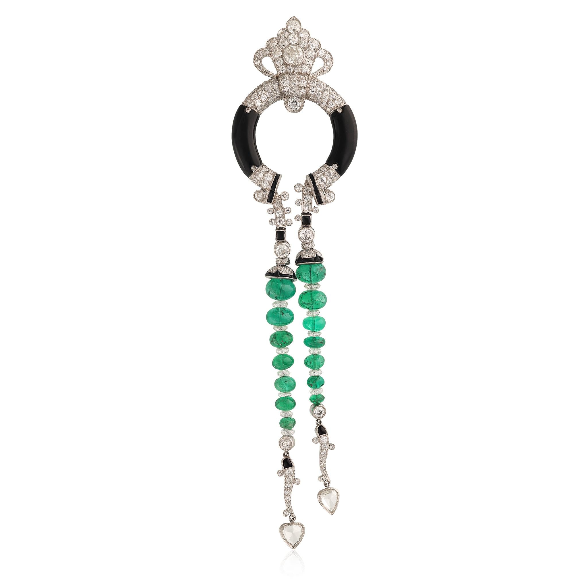 Art Deco Platinum, Diamond, Emerald Bead and Onyx Brooch