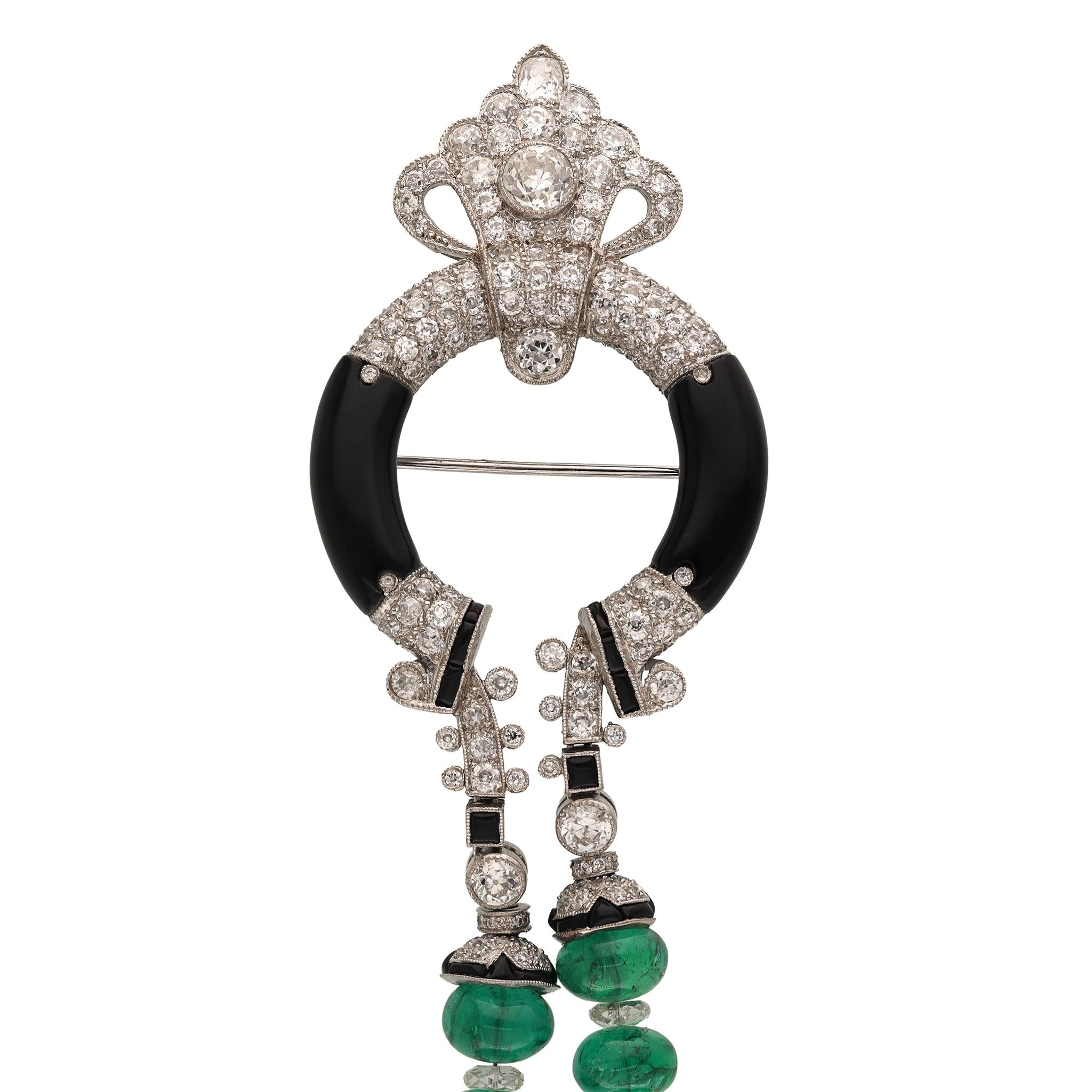 Art Deco Platinum, Diamond, Emerald Bead and Onyx Brooch