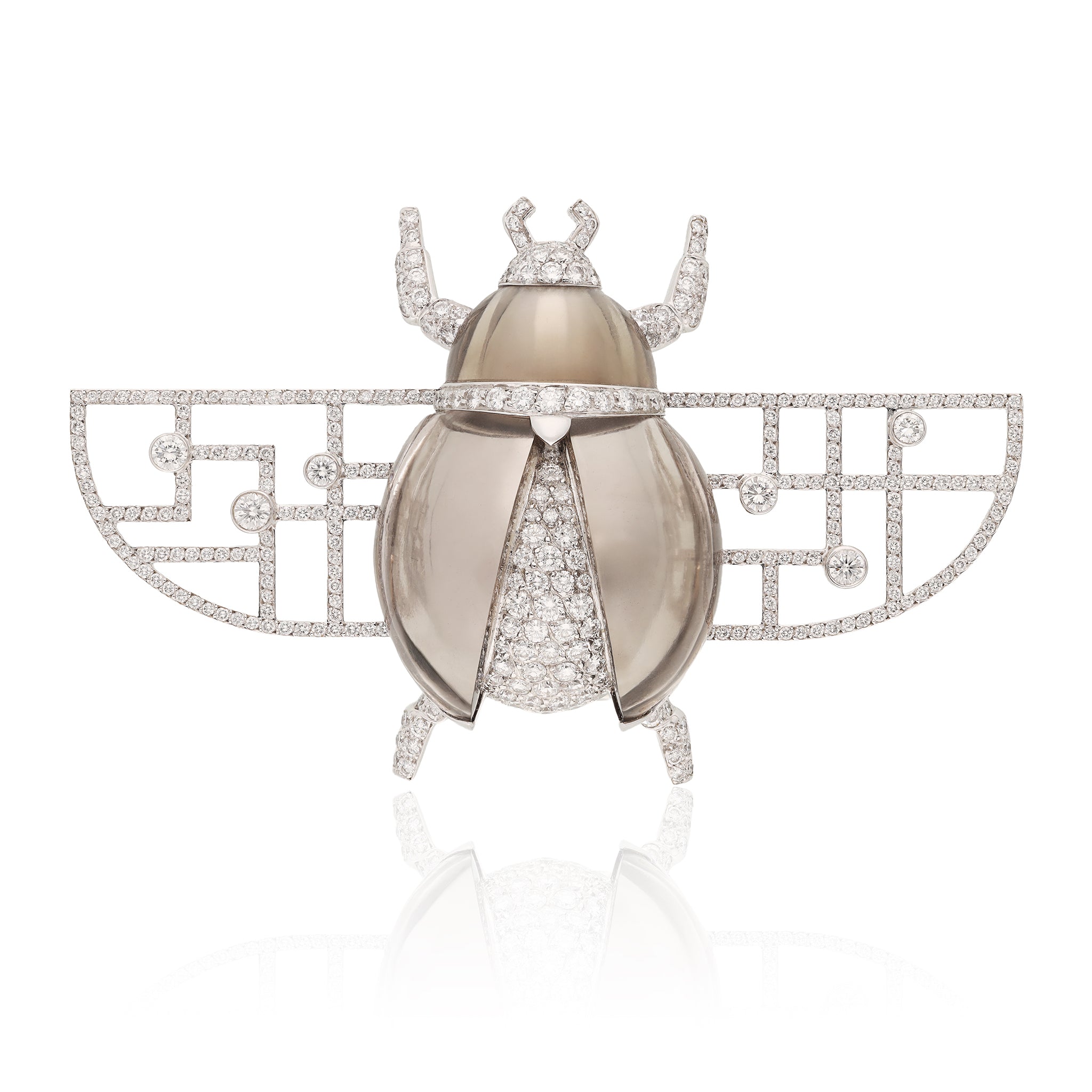 CARTIER 18K White Gold, Smoky Quartz and Diamond “Scarab” Brooch