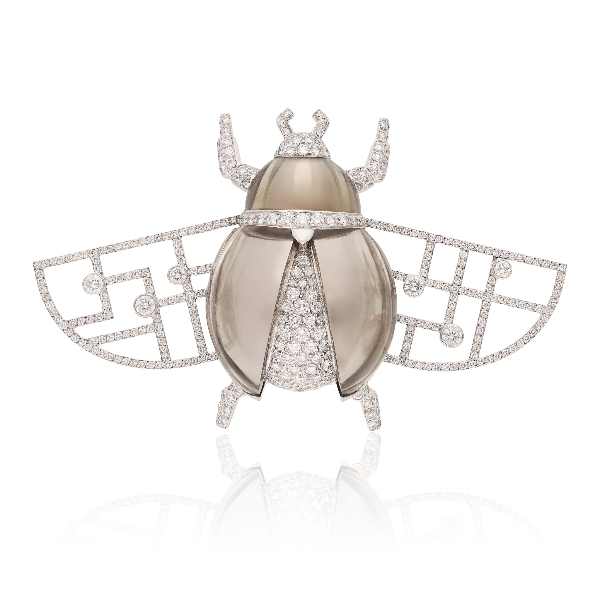 CARTIER 18K White Gold, Smoky Quartz and Diamond “Scarab” Brooch