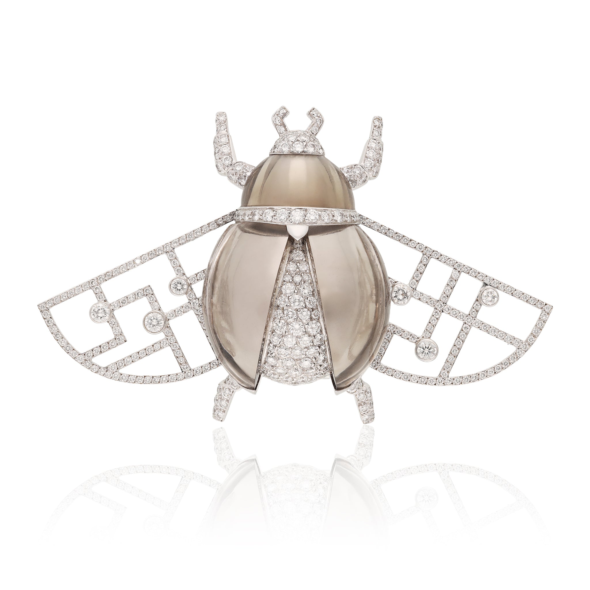 CARTIER 18K White Gold, Smoky Quartz and Diamond “Scarab” Brooch