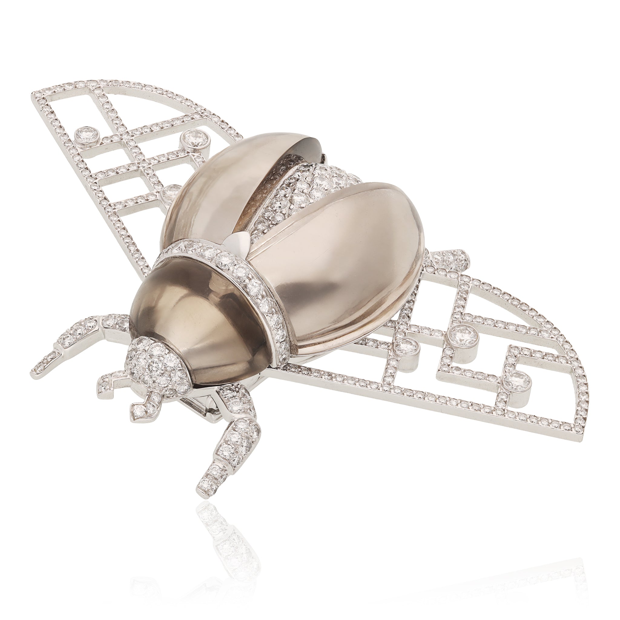CARTIER 18K White Gold, Smoky Quartz and Diamond “Scarab” Brooch