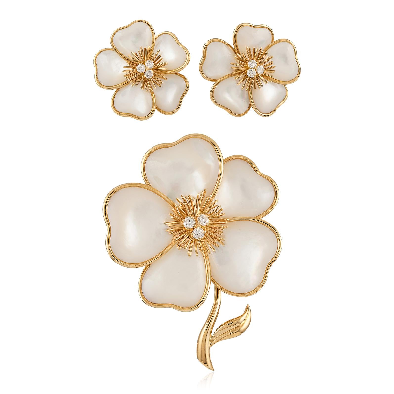 VAN CLEEF & ARPELS Mother-of-Pearl and Diamond Flower Brooch and Ear Clips