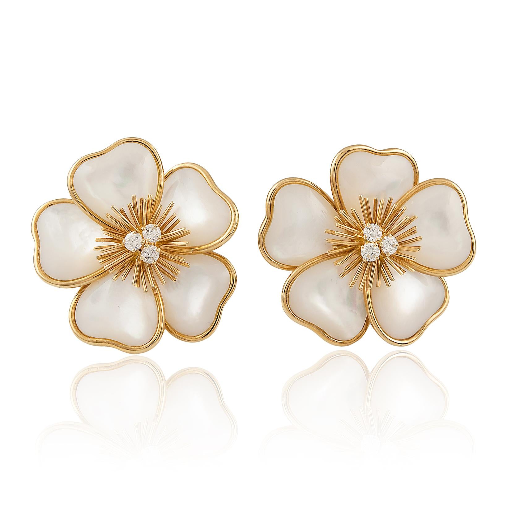 VAN CLEEF & ARPELS Mother-of-Pearl and Diamond Flower Brooch and Ear Clips
