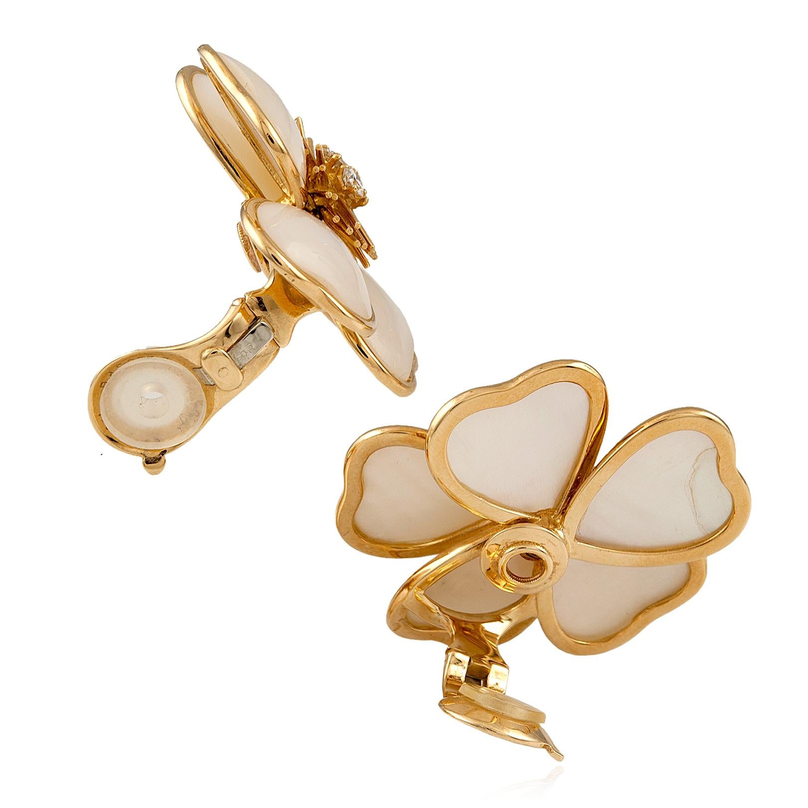 VAN CLEEF & ARPELS Mother-of-Pearl and Diamond Flower Brooch and Ear Clips