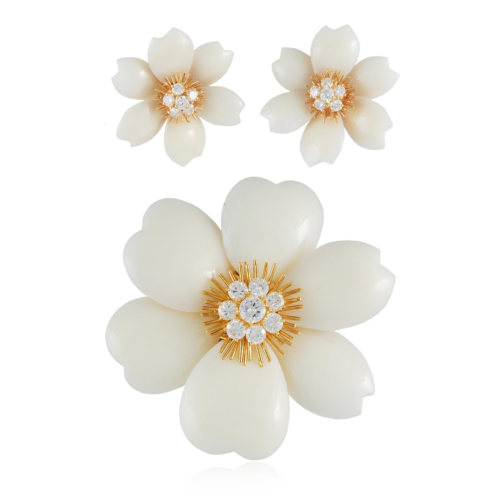 VAN CLEEF & ARPELS 18K Yellow Gold Diamond and White Coral Rose de Noël Brooch