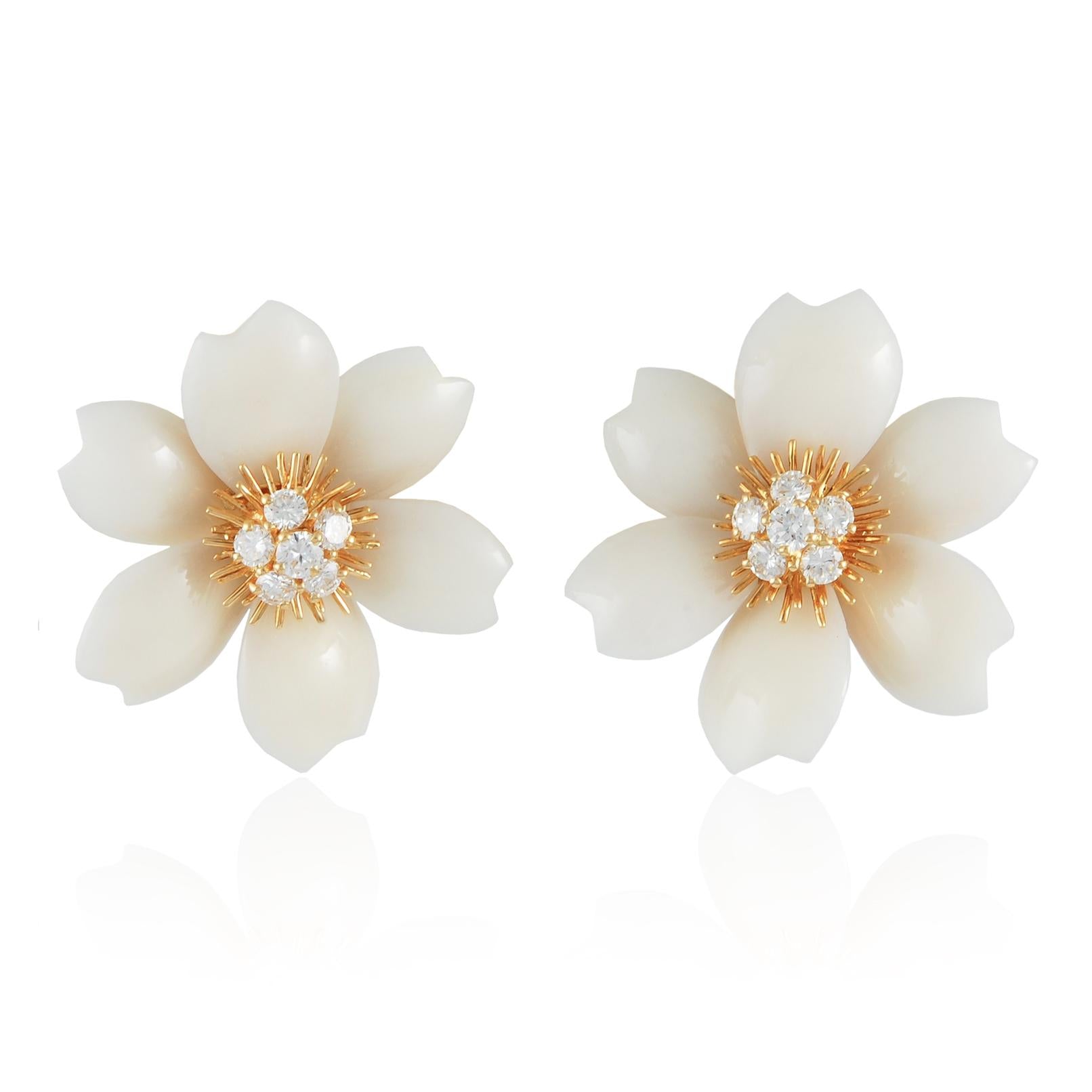 VAN CLEEF & ARPELS 18K Yellow Gold Diamond and White Coral Rose de Noël Brooch