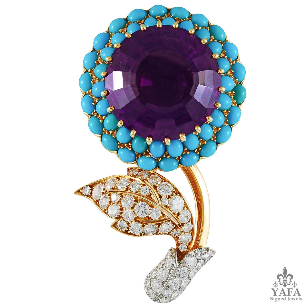CARTIER Platinum and 18K Gold Amethyst, Turquoise and Diamond Flower Brooch