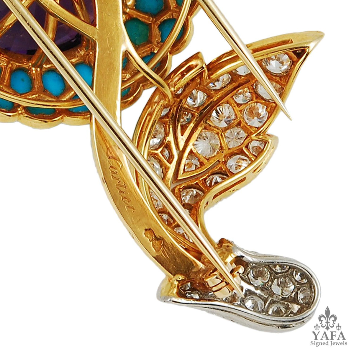 CARTIER Platinum and 18K Gold Amethyst, Turquoise and Diamond Flower Brooch