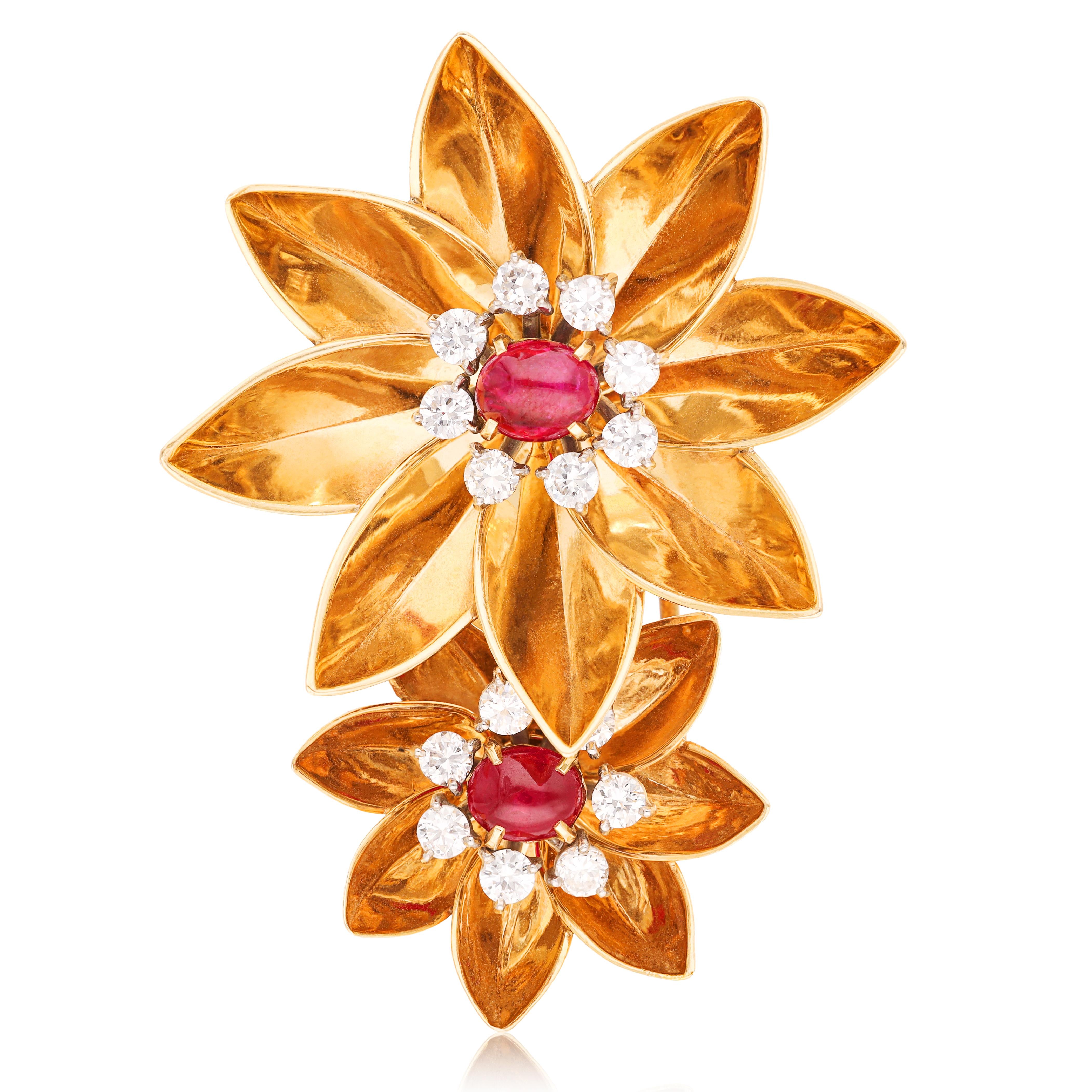 CARTIER 14K Rose Gold Diamond and Cabochon Ruby Flower Brooch