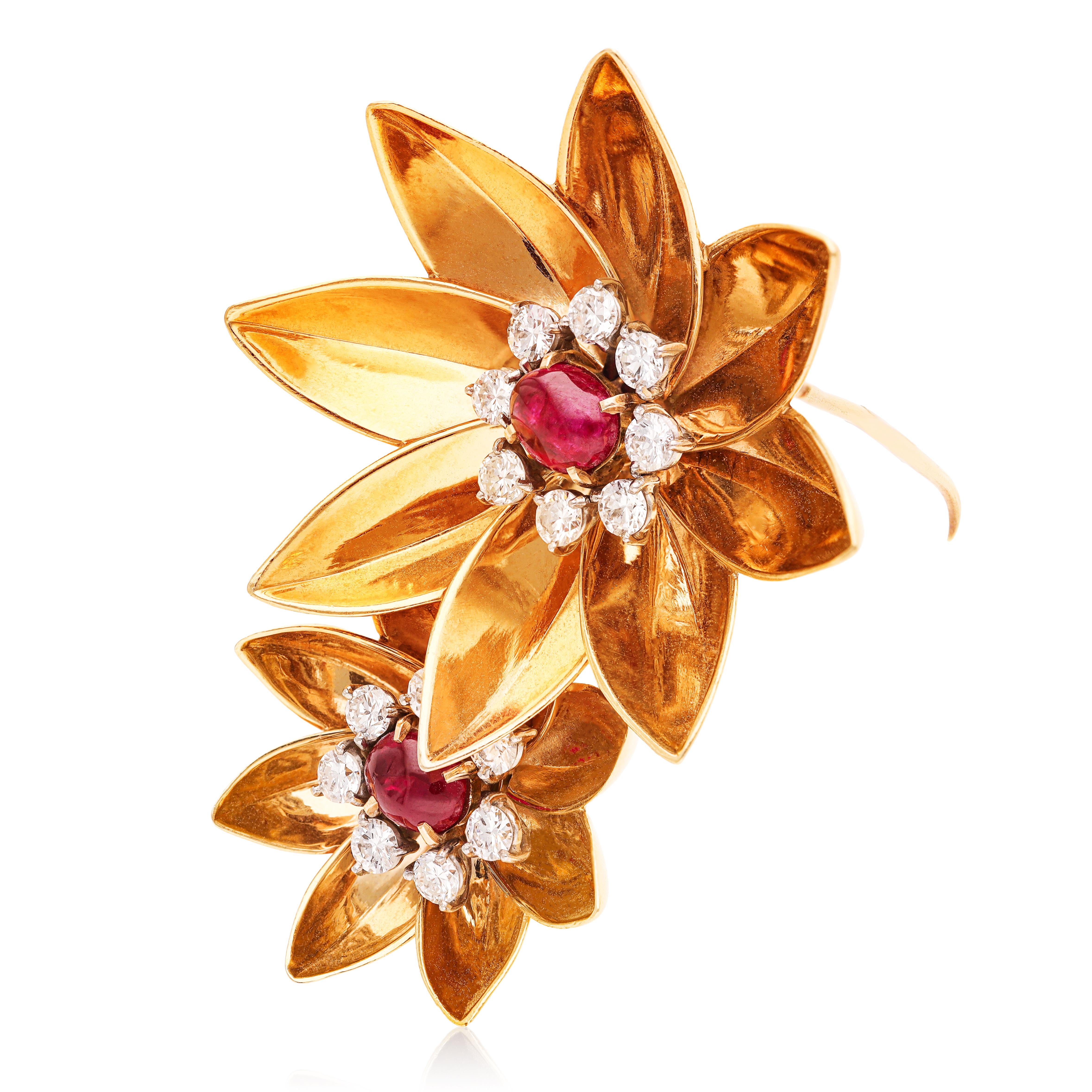 CARTIER 14K Rose Gold Diamond and Cabochon Ruby Flower Brooch