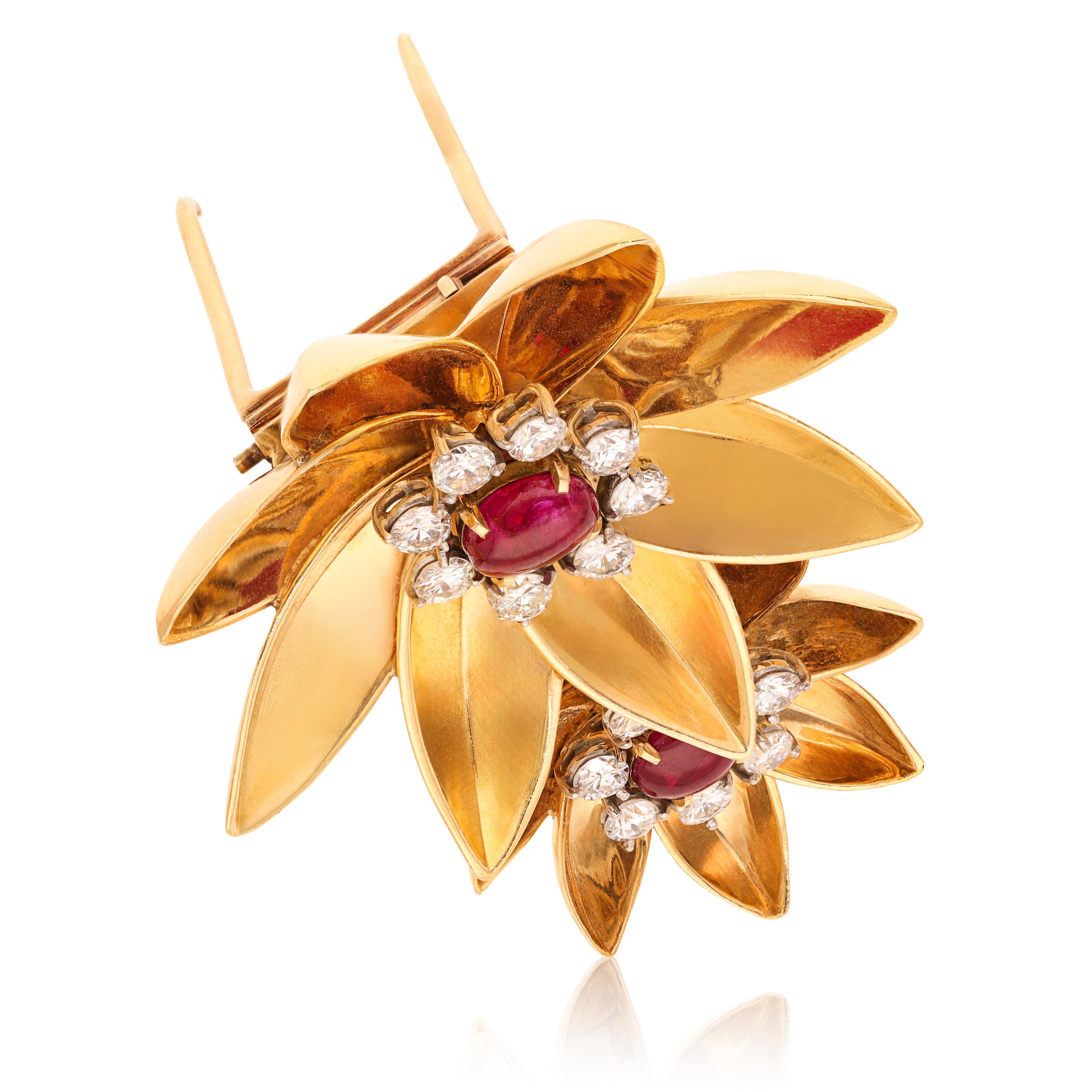 CARTIER 14K Rose Gold Diamond and Cabochon Ruby Flower Brooch