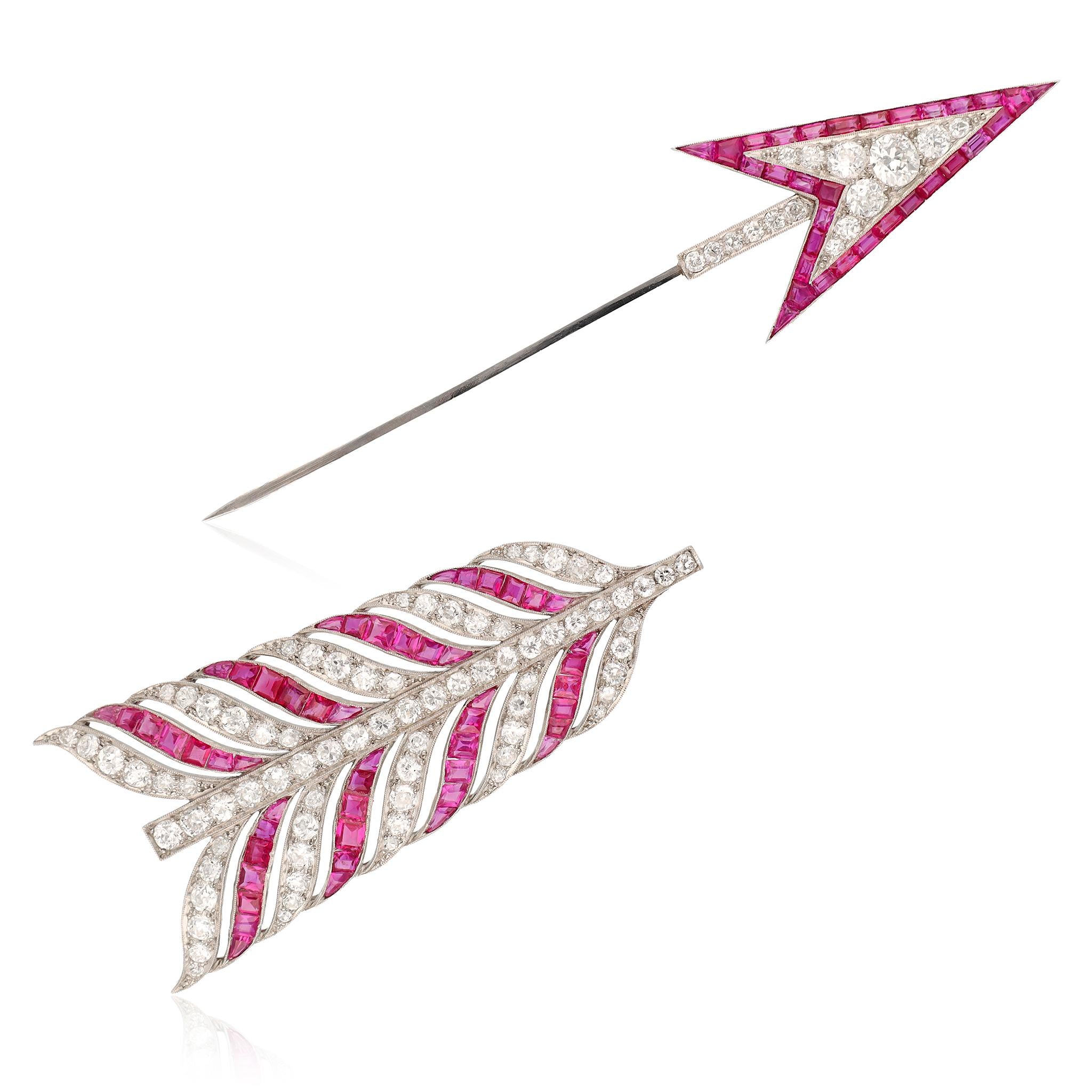 BULGARI Platinum, Ruby, and Diamond Art Deco Arrow Brooch