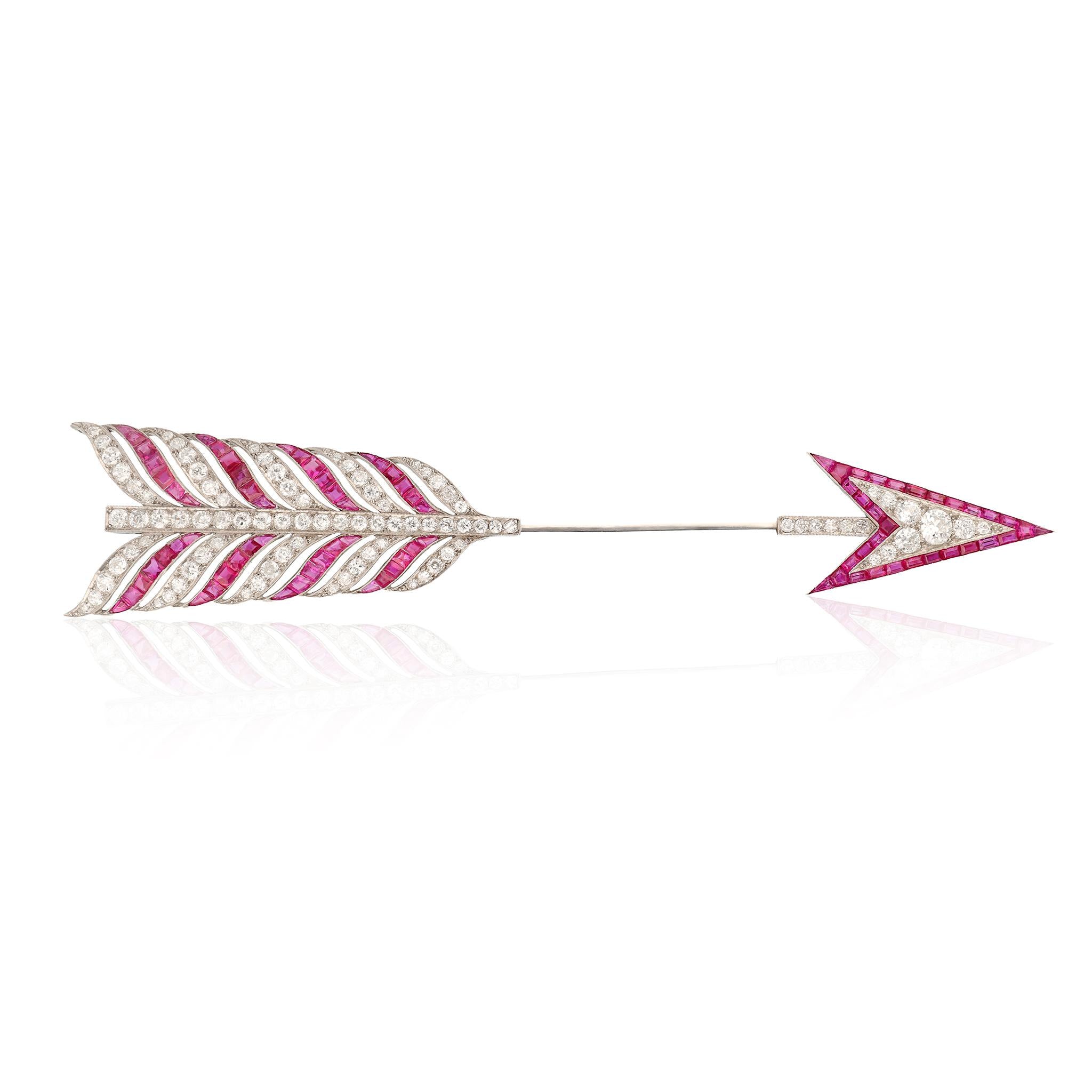 BULGARI Platinum, Ruby, and Diamond Art Deco Arrow Brooch