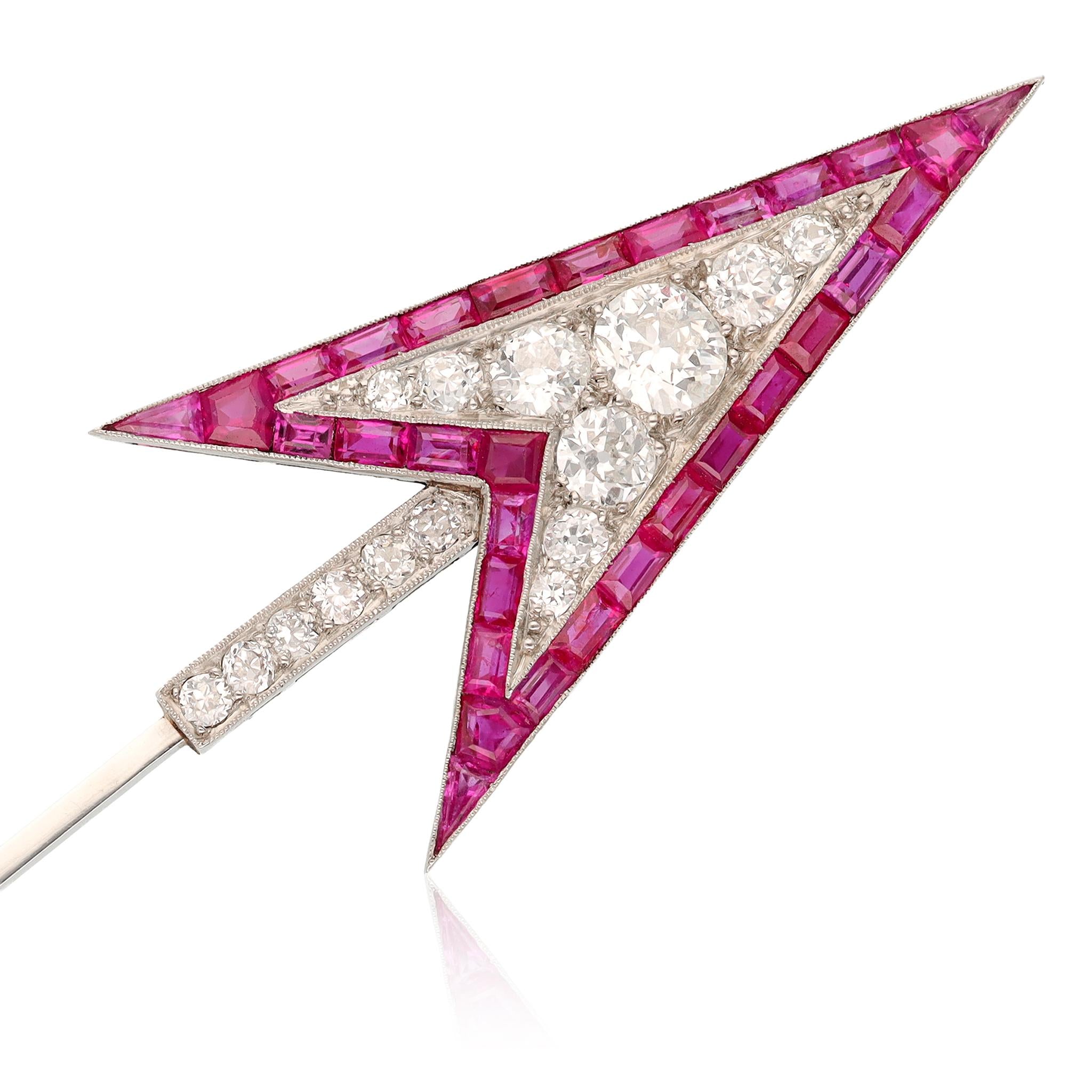 BULGARI Platinum, Ruby, and Diamond Art Deco Arrow Brooch