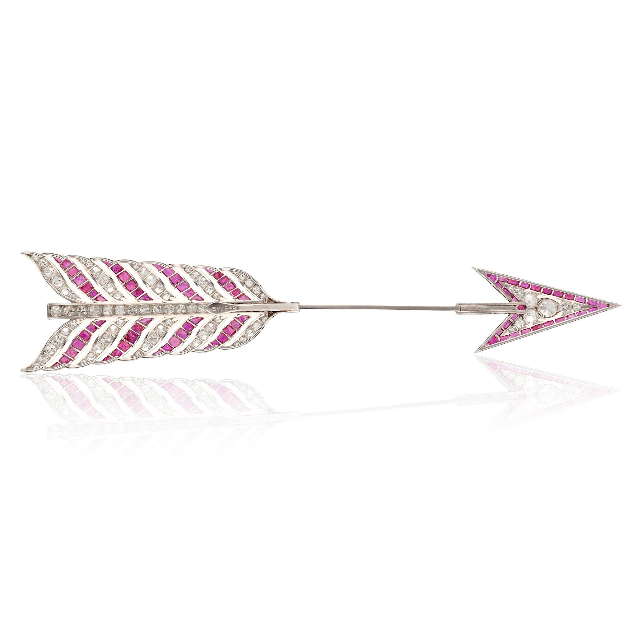 BULGARI Platinum, Ruby, and Diamond Art Deco Arrow Brooch