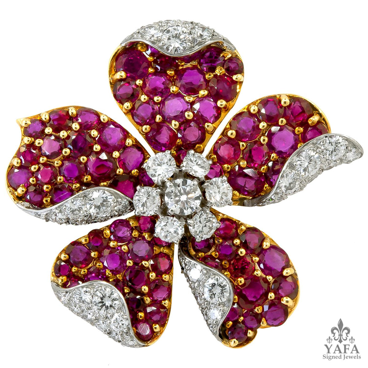 Platinum & 18K Rose Gold Ruby and Diamond Flower Brooch