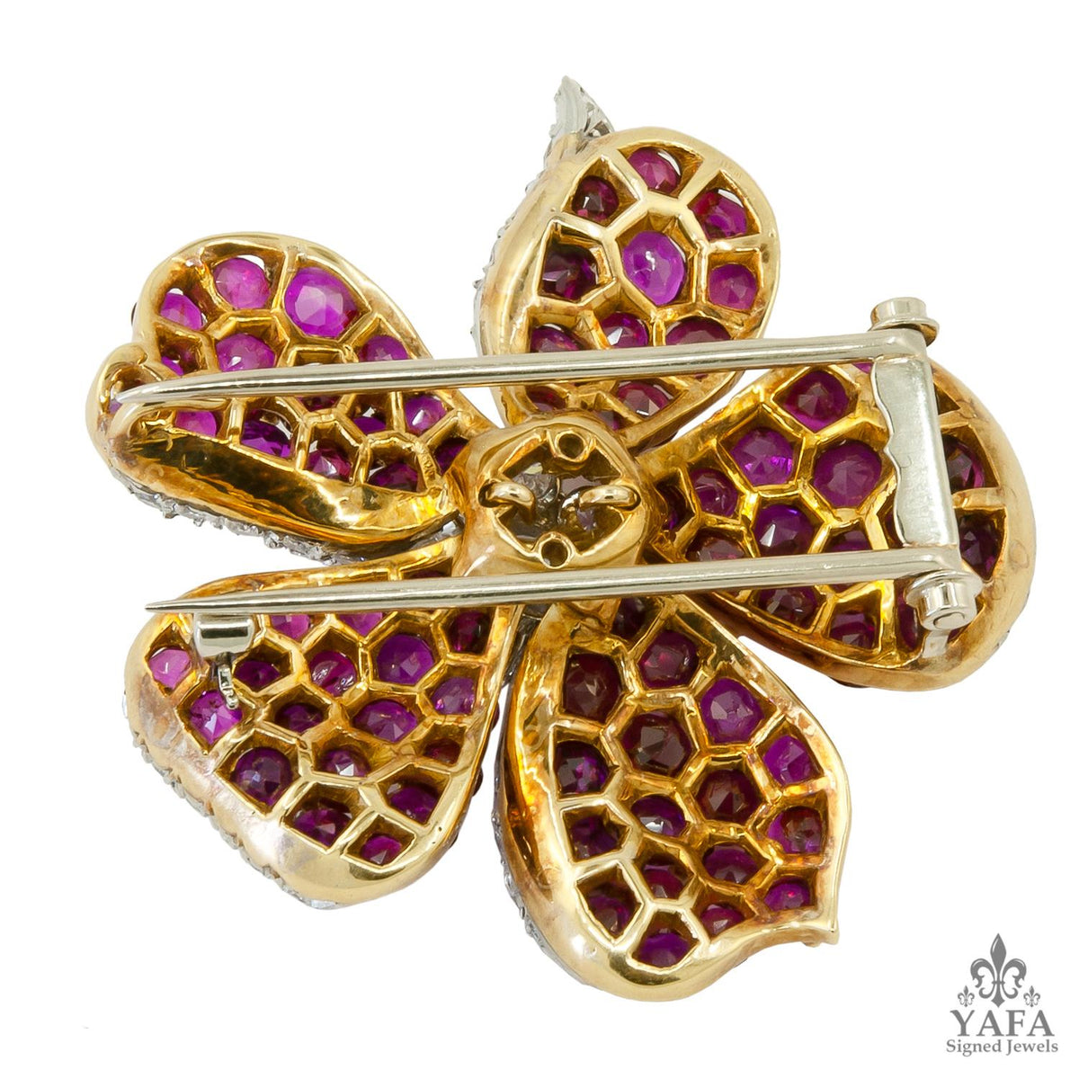 Platinum & 18K Rose Gold Ruby and Diamond Flower Brooch
