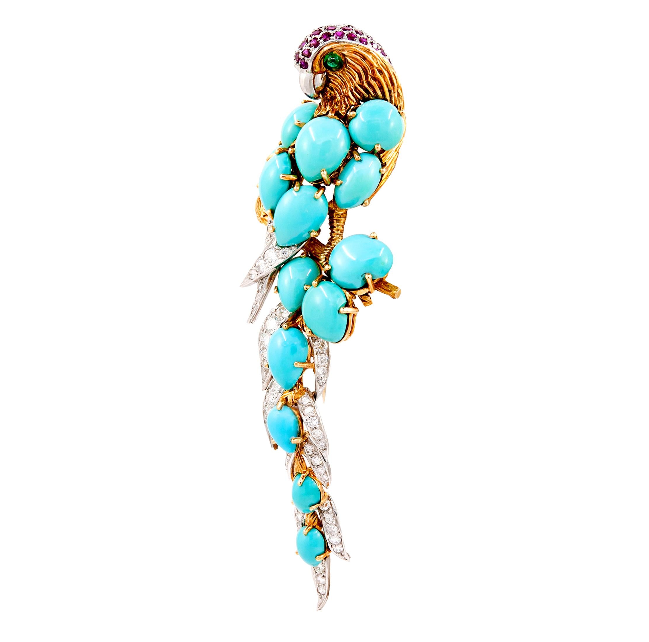 CARTIER Cabochon Turquoise, Diamond, Ruby and Emerald Parrot Brooch